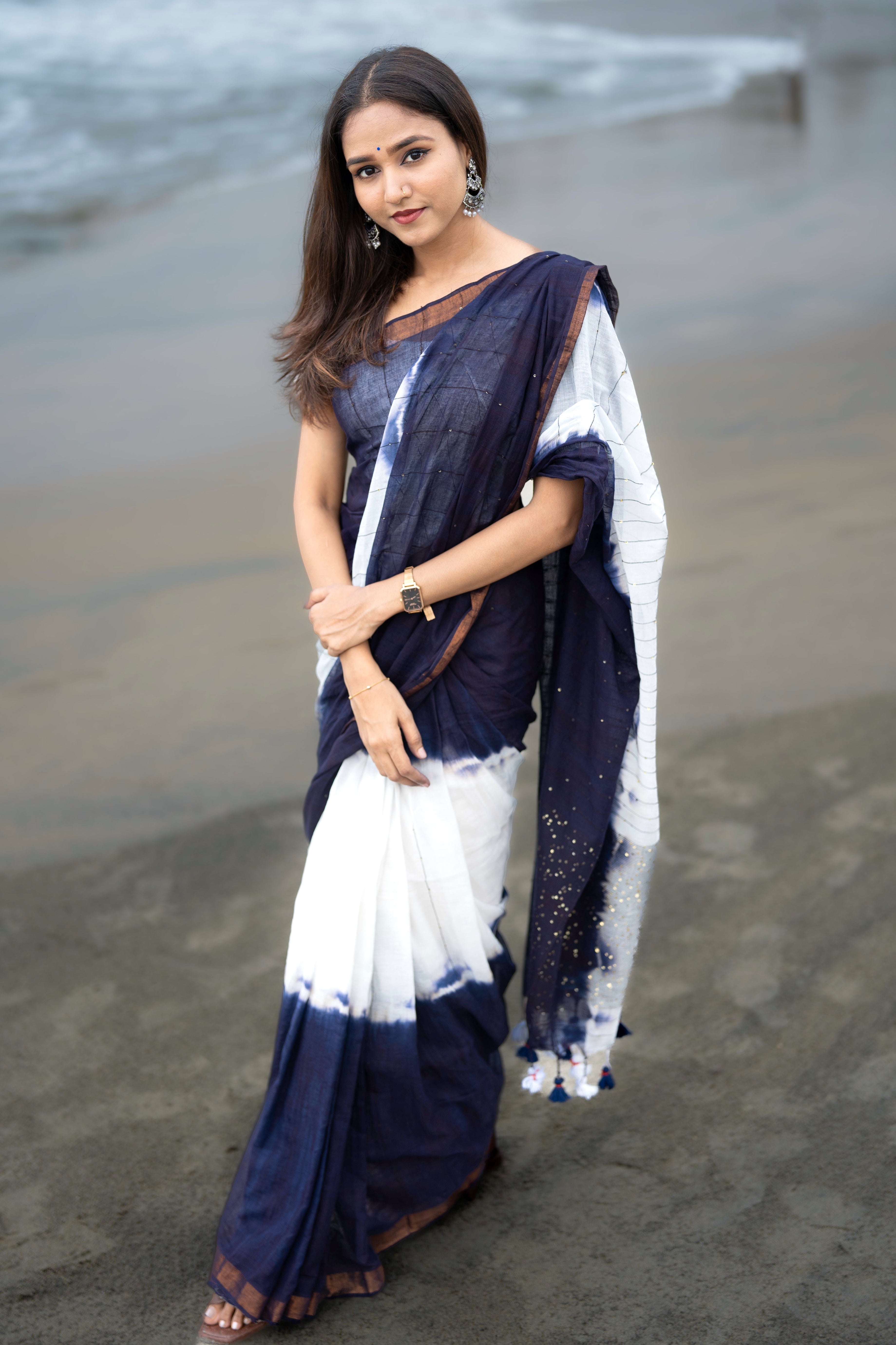 Blue & White Rang Bahari Sequence Work Pure Mul Cotton Saree