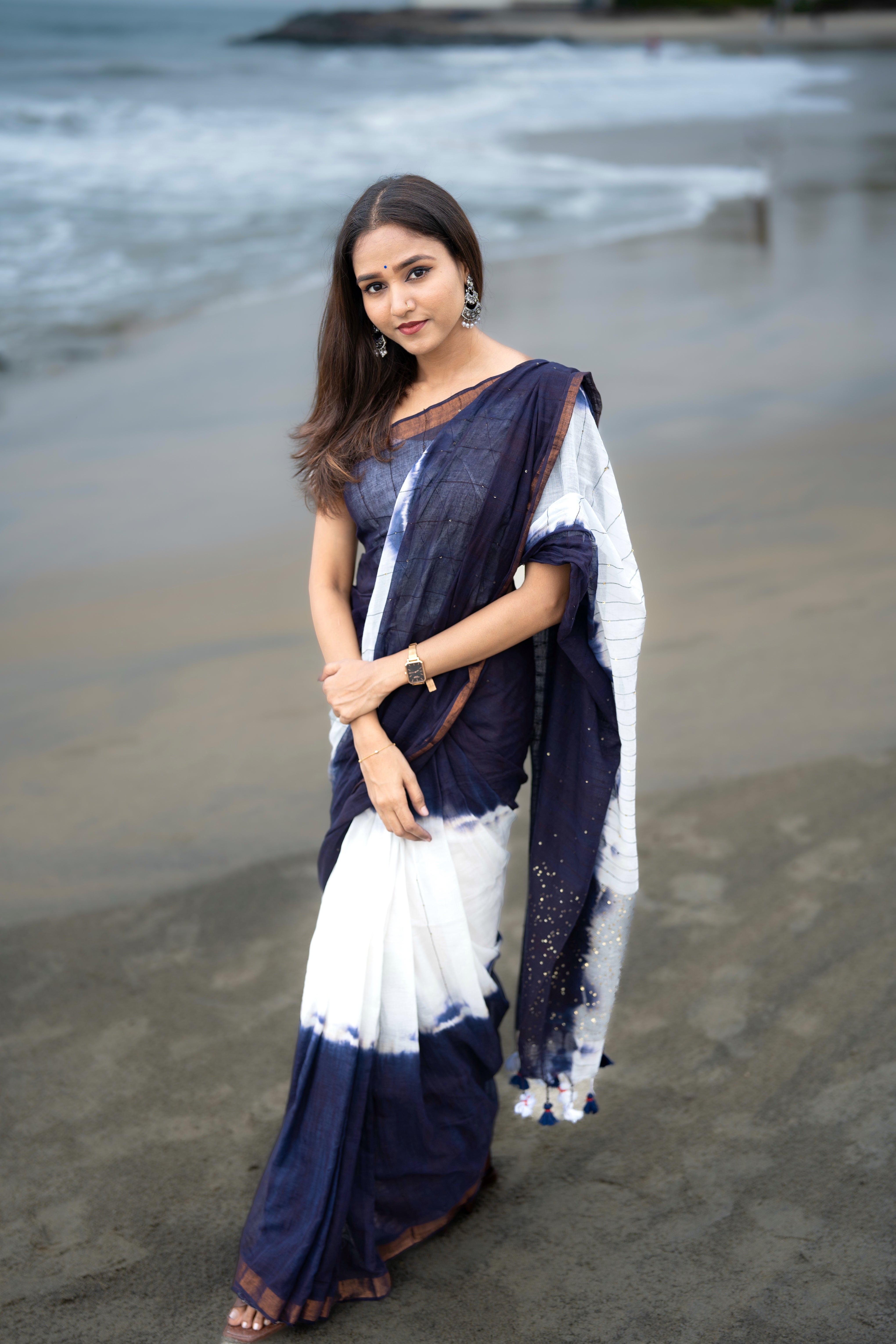 Blue & White Rang Bahari Sequence Work Pure Mul Cotton Saree