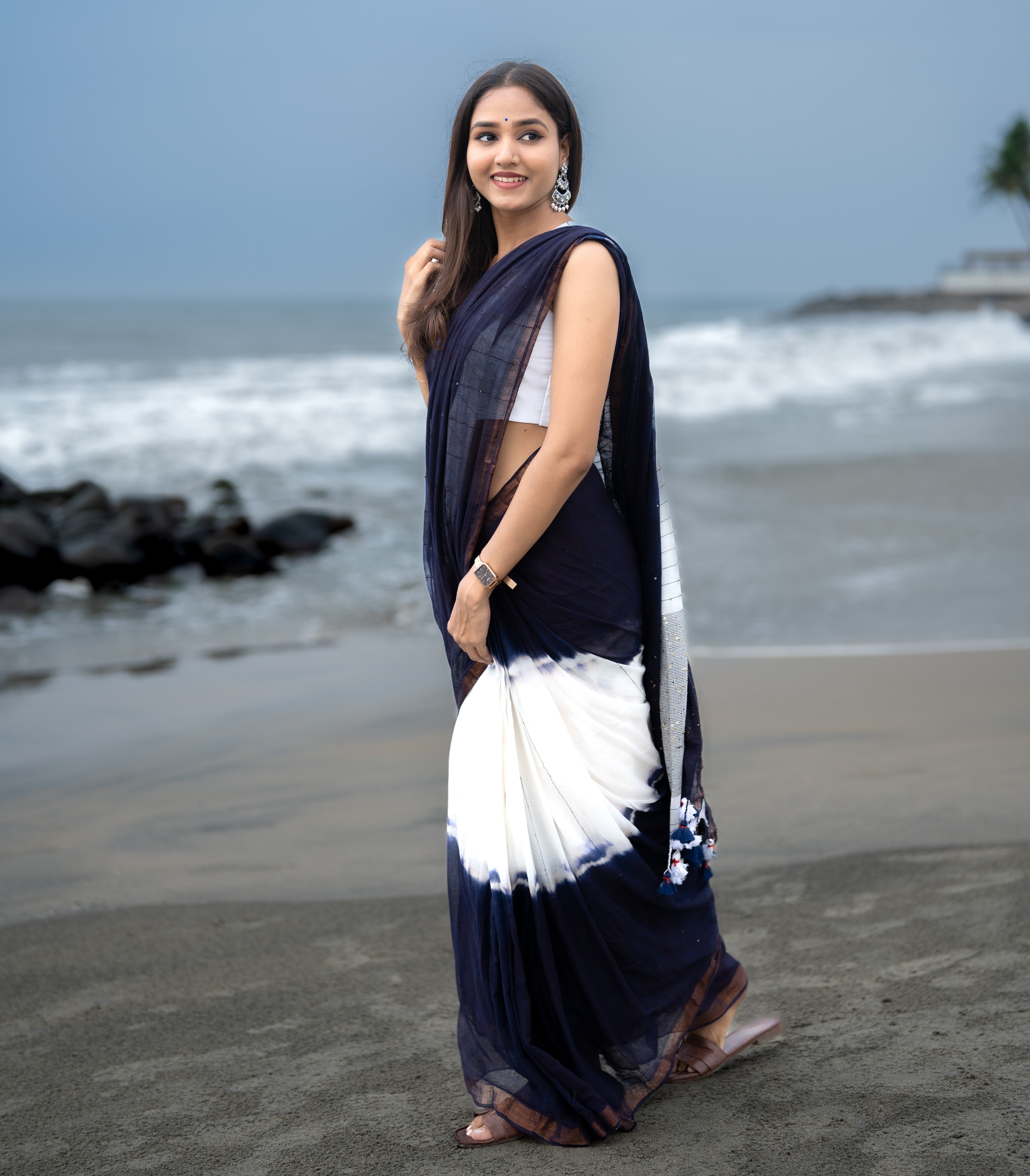 Blue & White Rang Bahari Sequence Work Pure Mul Cotton Saree