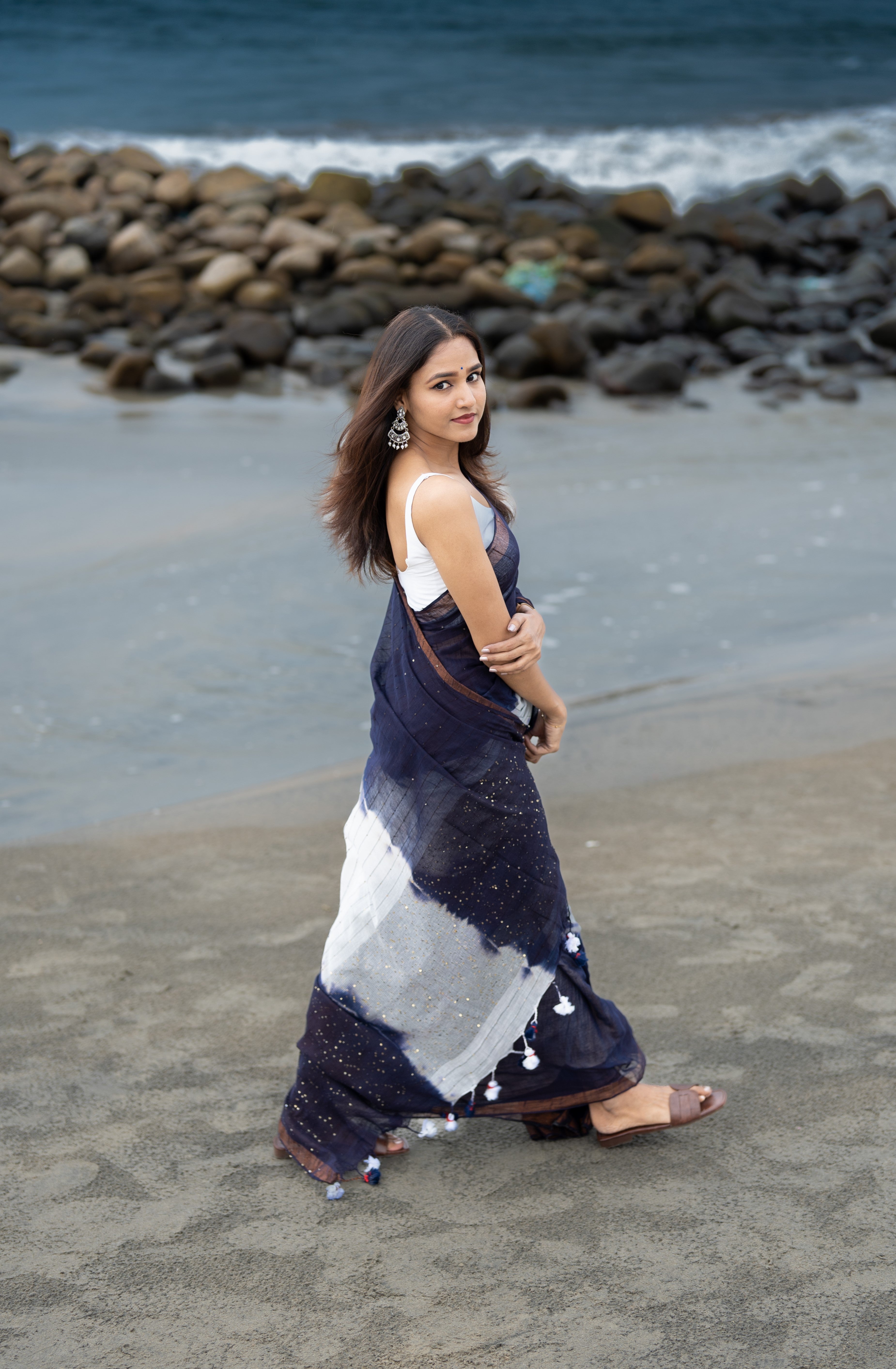 Blue & White Rang Bahari Sequence Work Pure Mul Cotton Saree