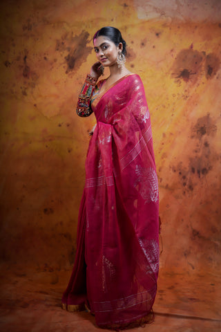 Rani floral Pure tissue Linen Hand woven Saree with blouse piece