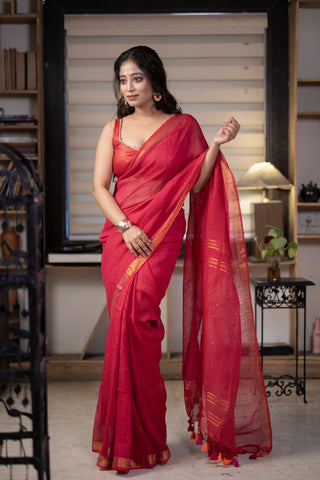 Rani Sequence Work Linen Saree with blouse piece