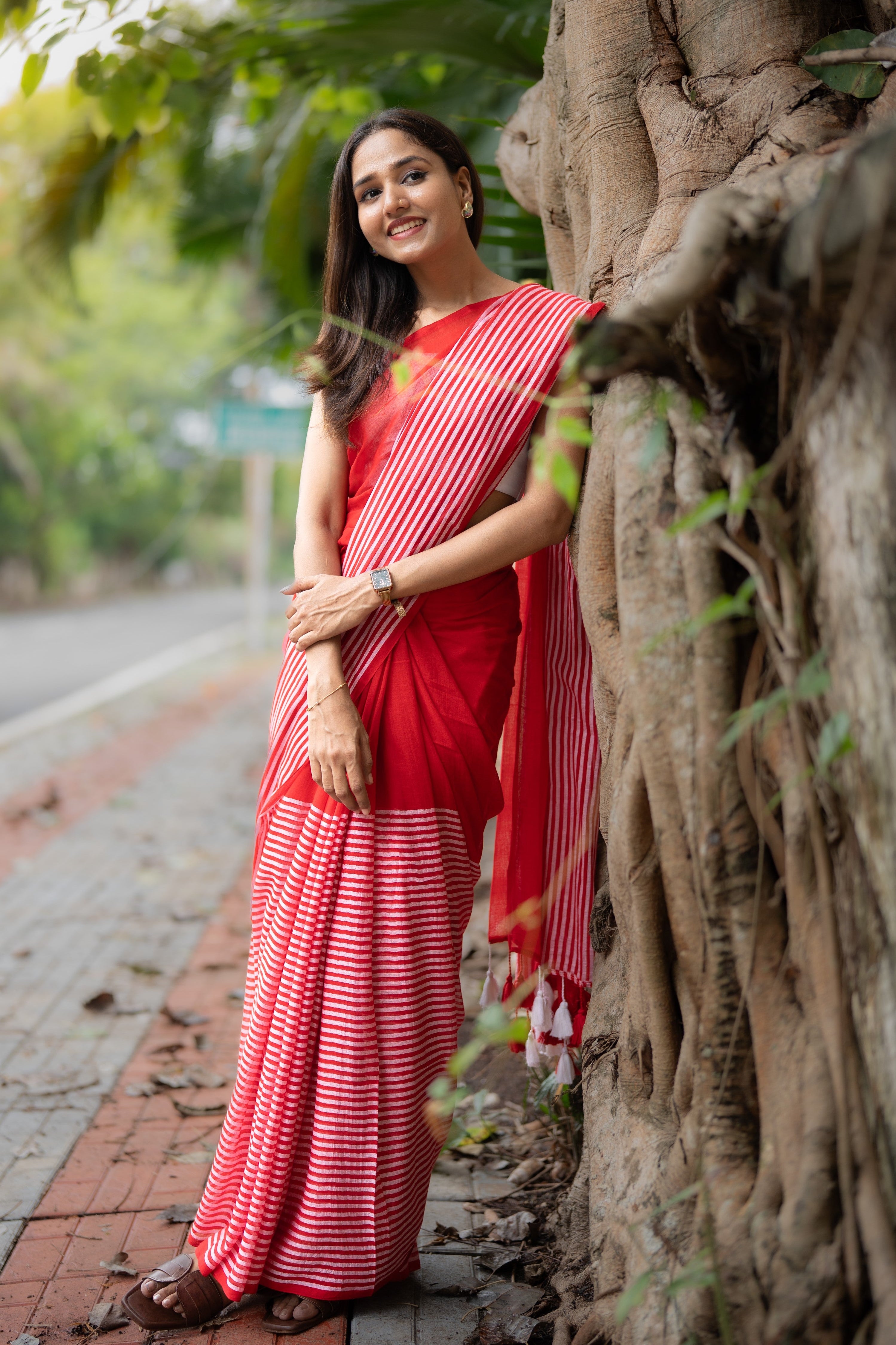 Red Half-Half Check Mul Cotton Saree