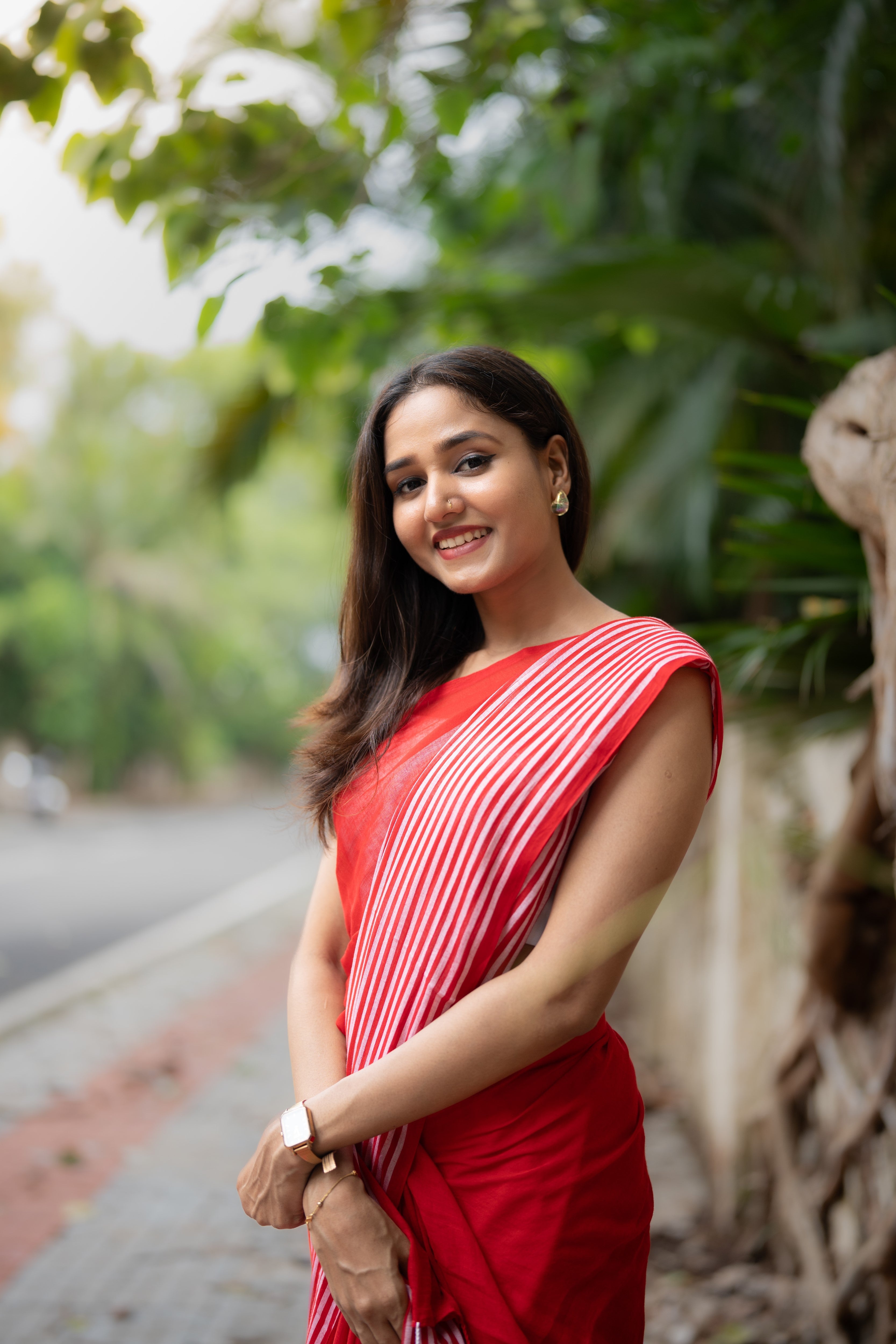 Red Half-Half Check Mul Cotton Saree