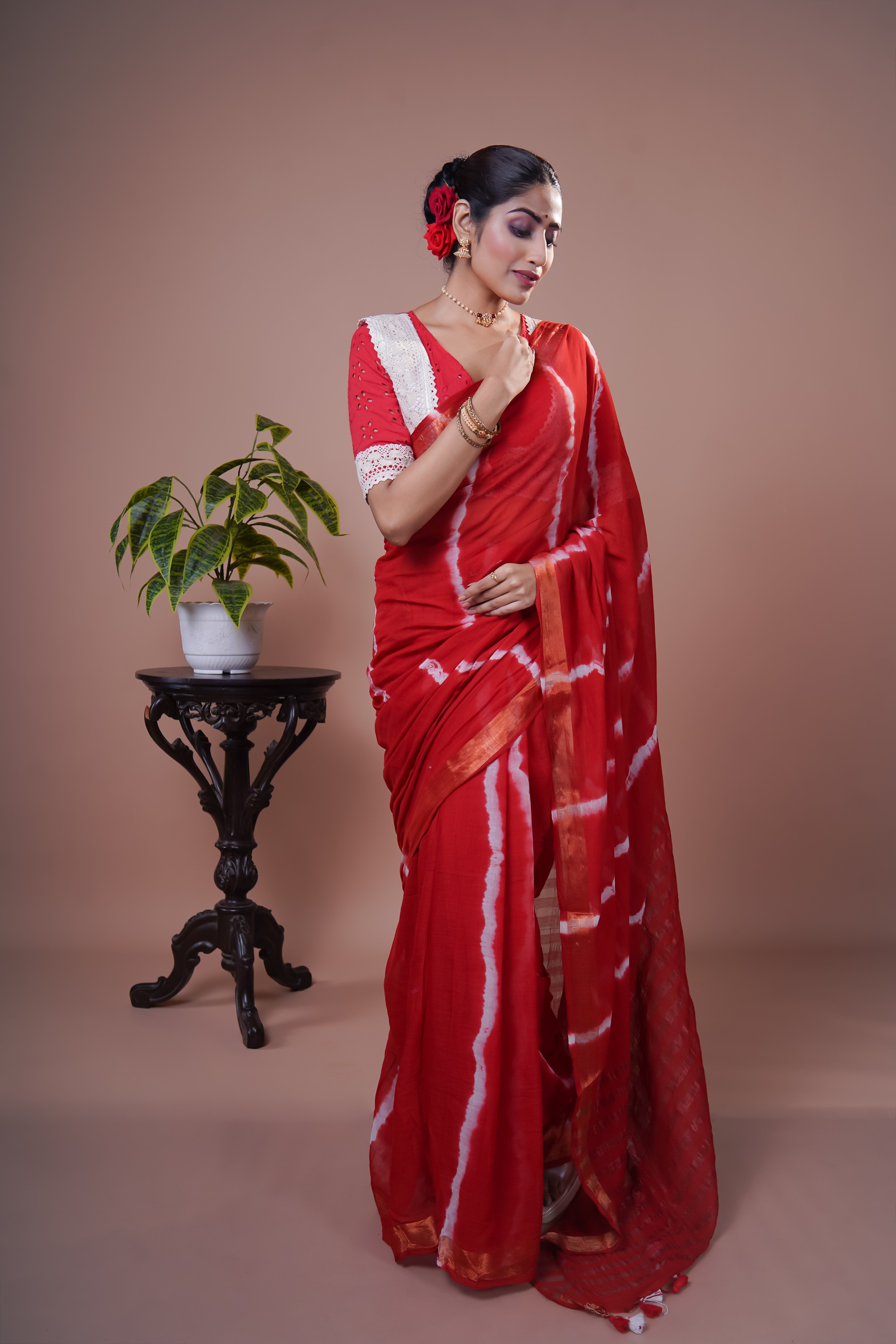 Red Shibori Print Mul Mul Cotton Saree