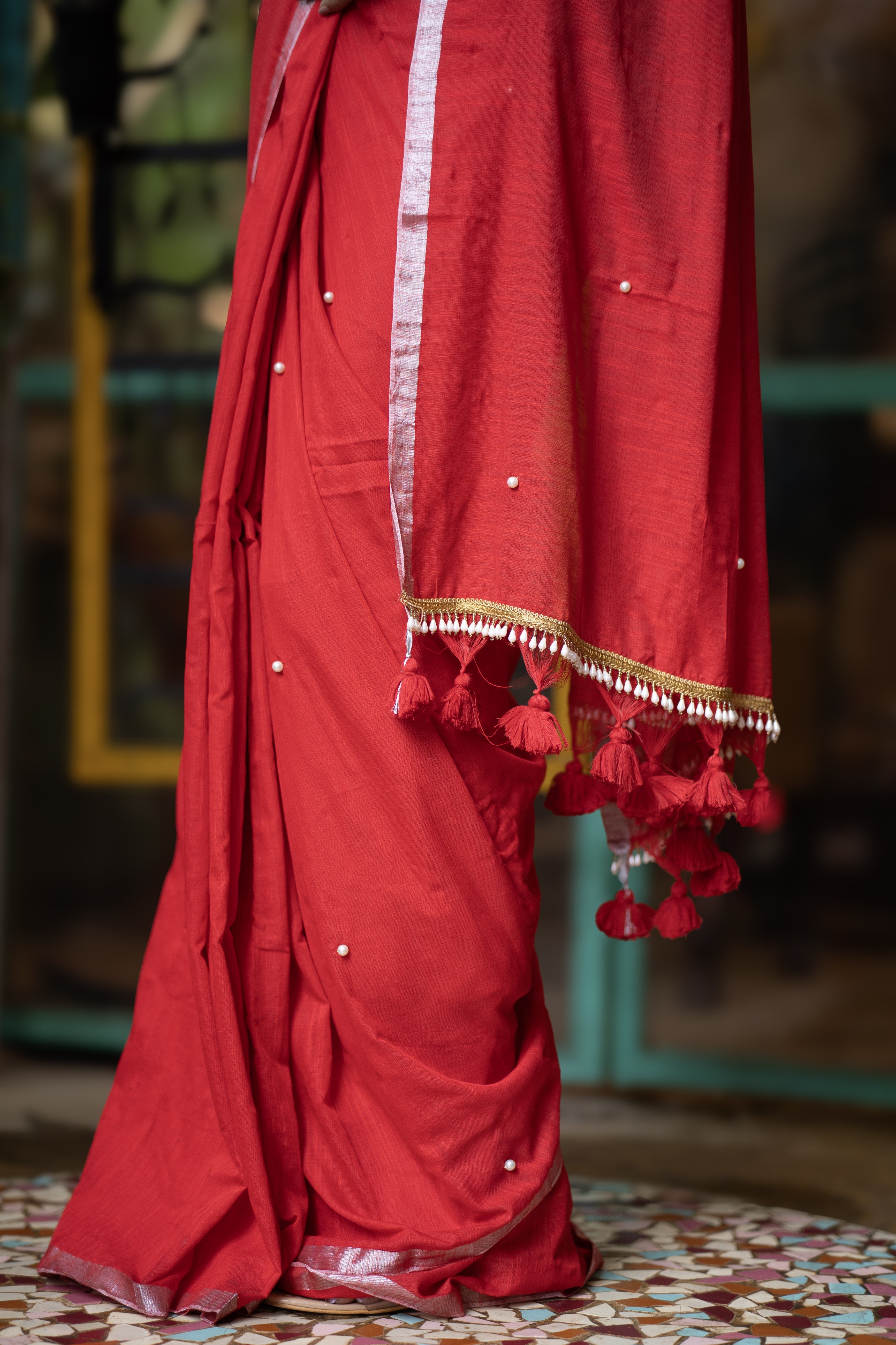 Red Soft Cotton Saree with Moti Work