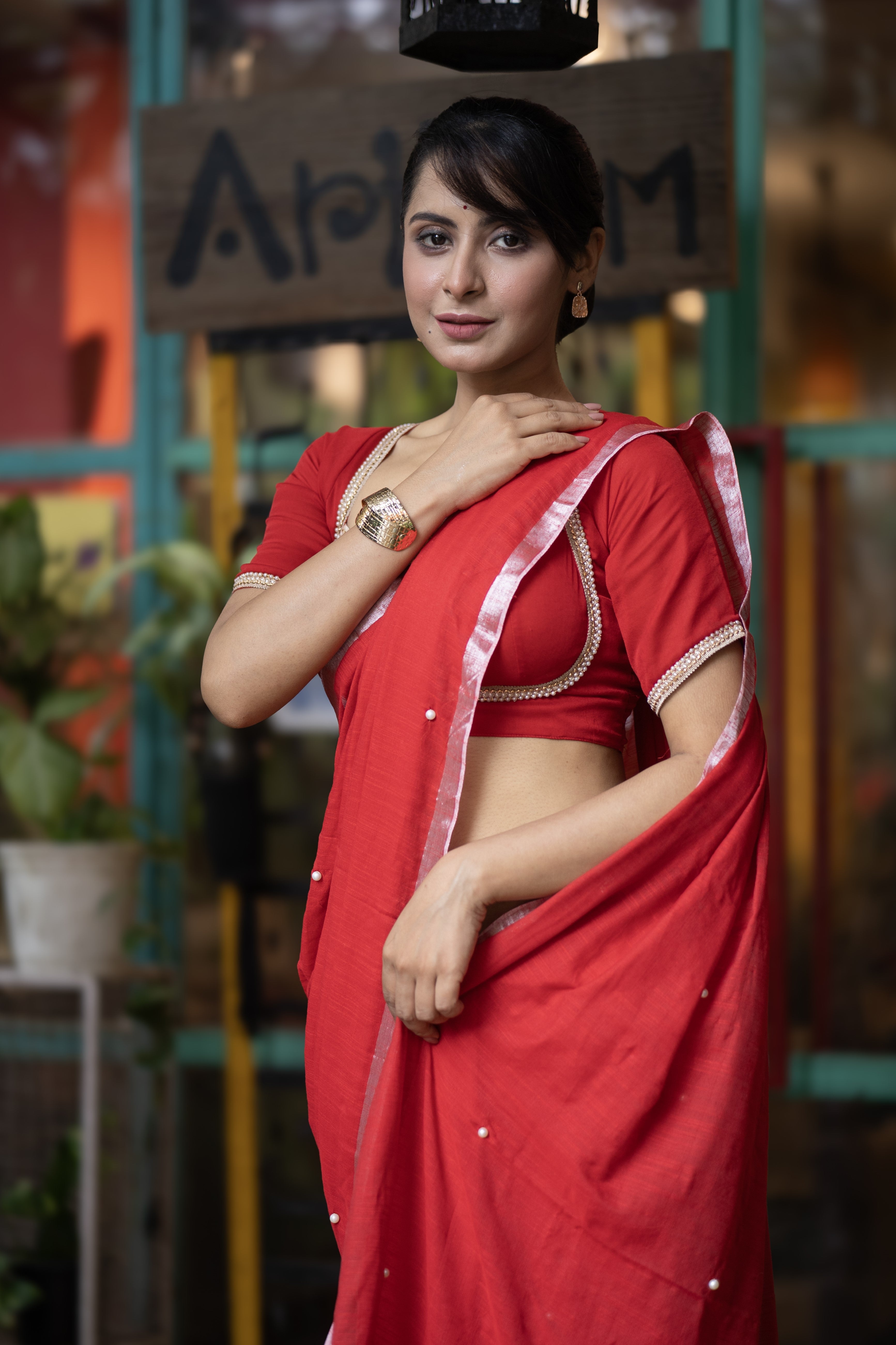 Red Soft Cotton Saree with Moti Work