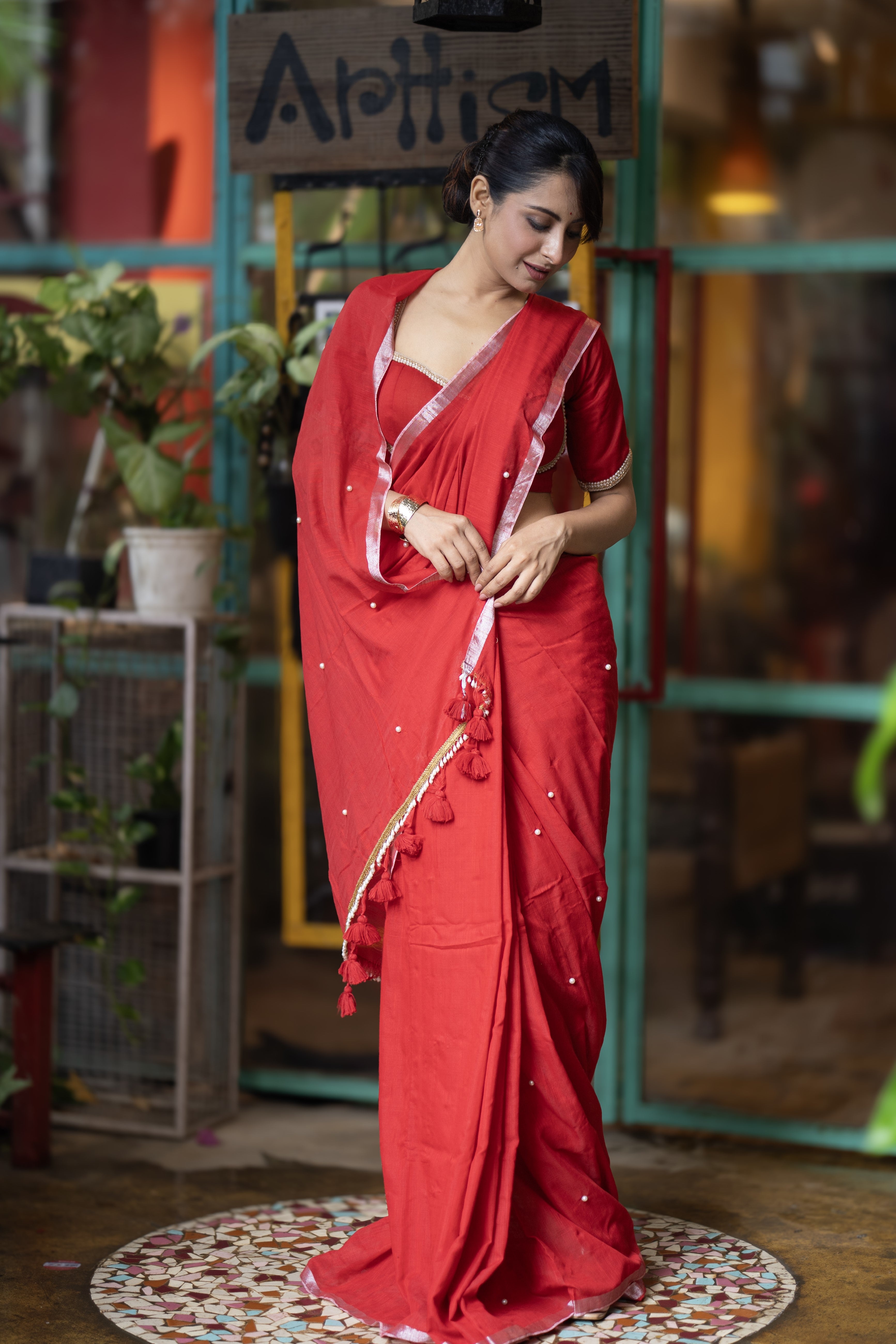 Red Soft Cotton Saree with Moti Work