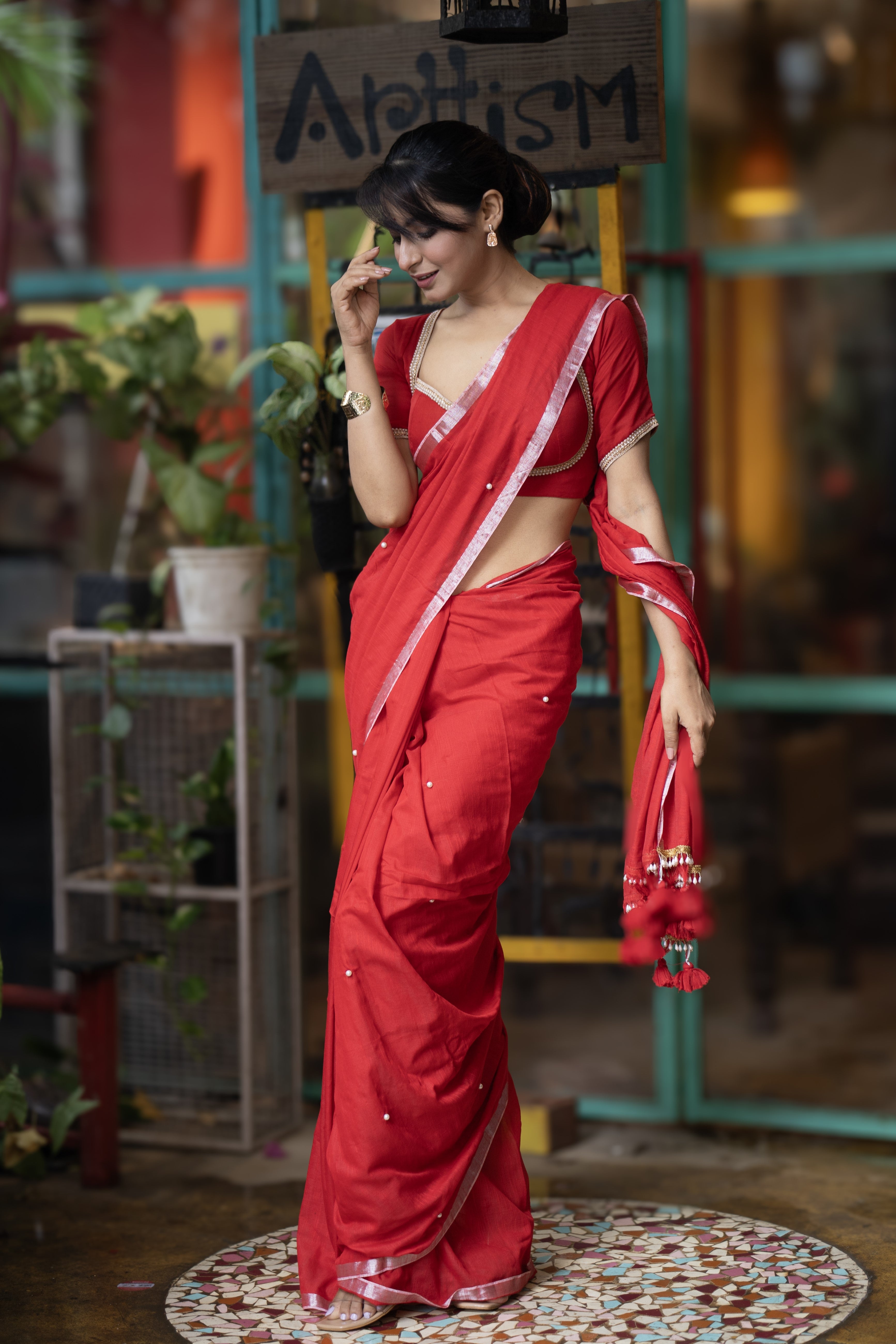 Red Soft Cotton Saree with Moti Work