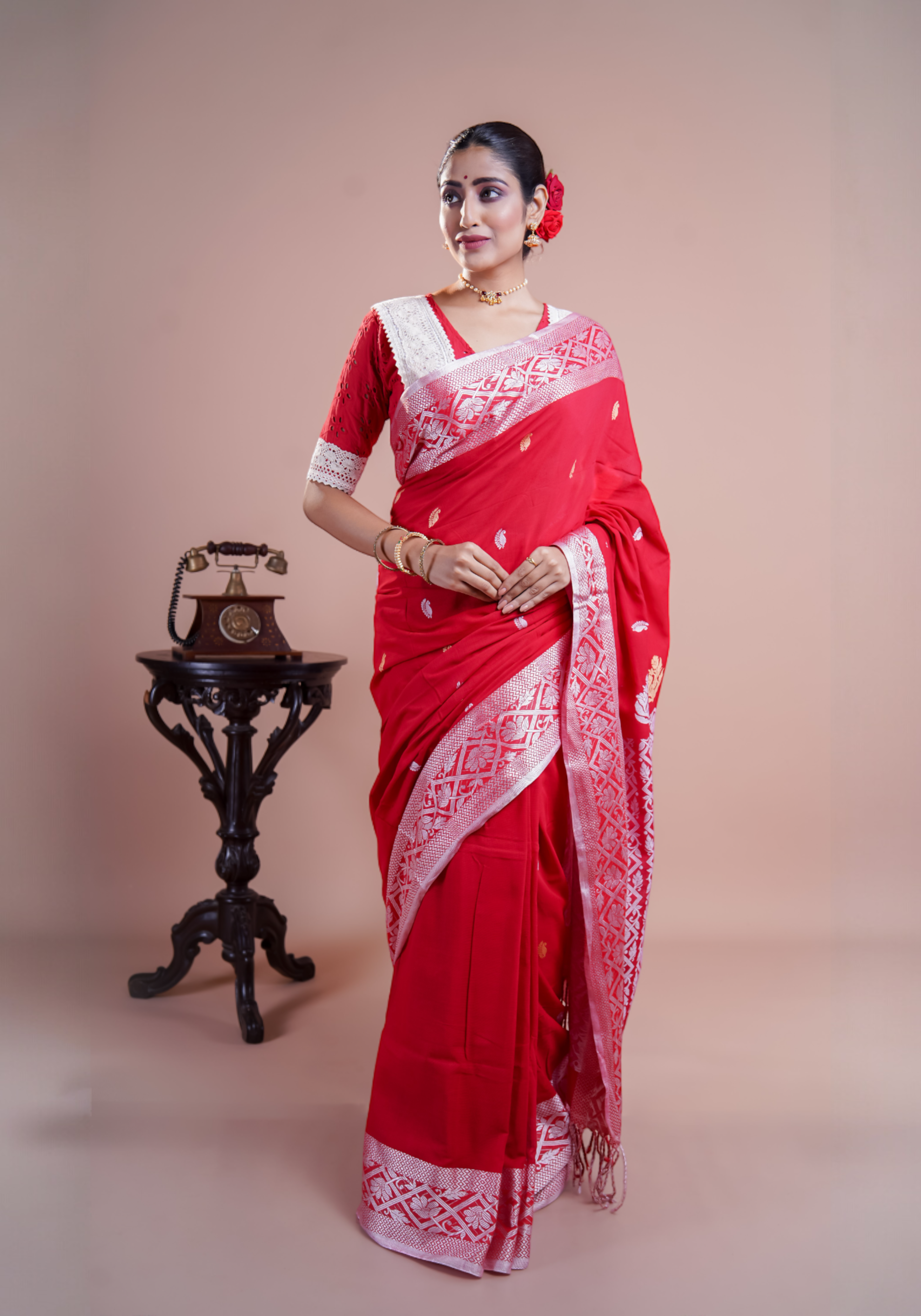 Red & white pure Mashrise Cotton handwoven saree