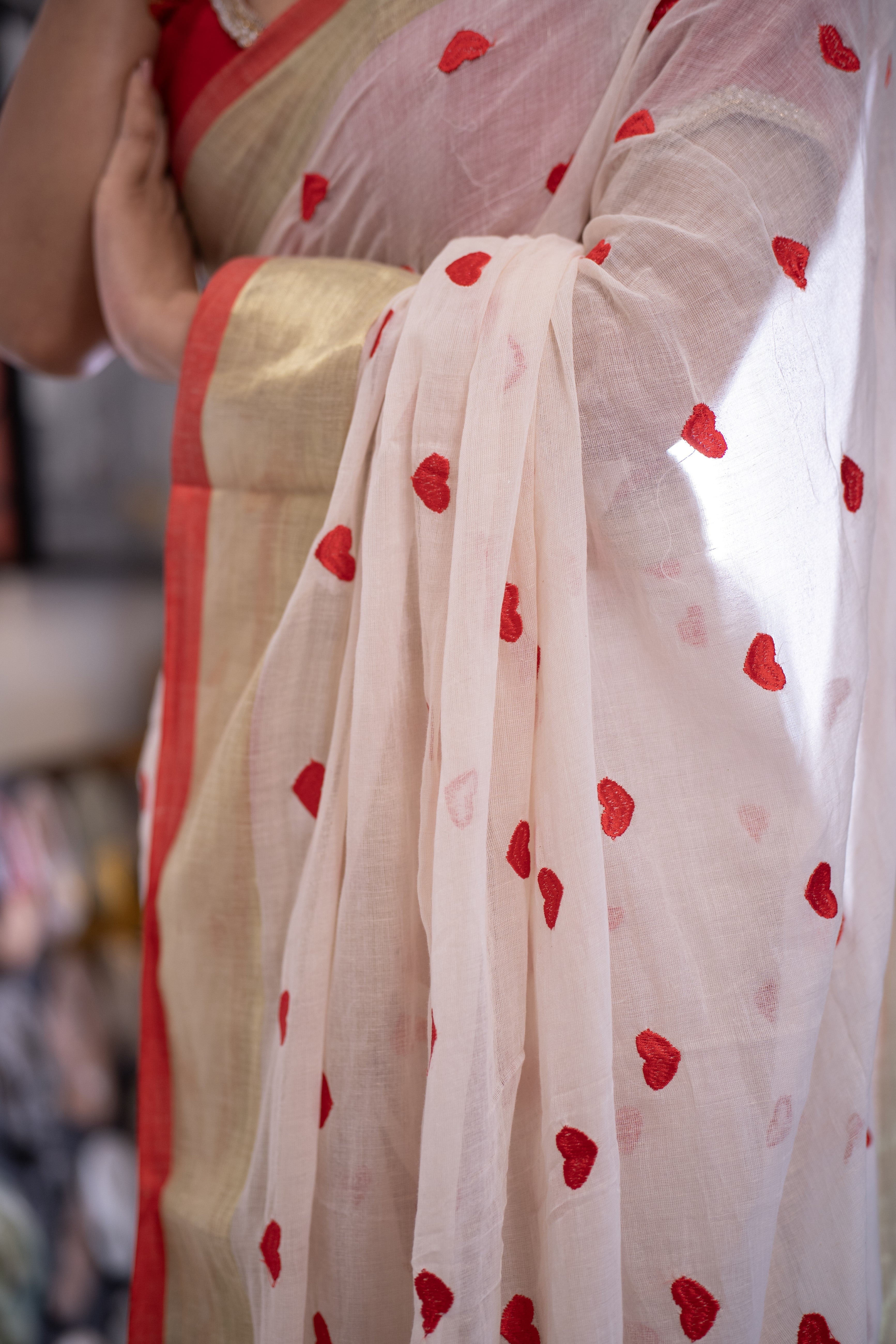 Cream Love embroidery Pure Mulmul Cotton Saree