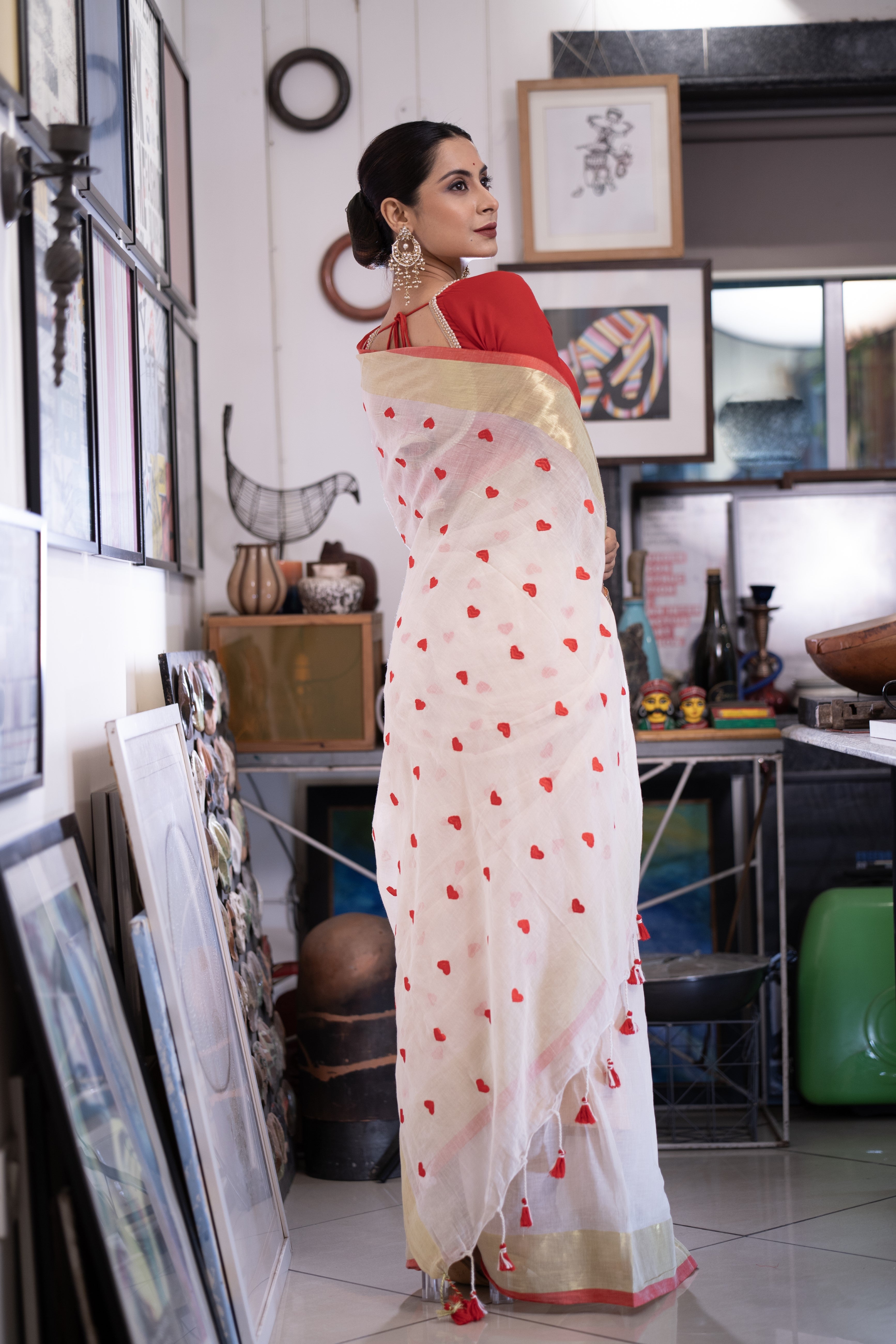 Cream Love embroidery Pure Mulmul Cotton Saree