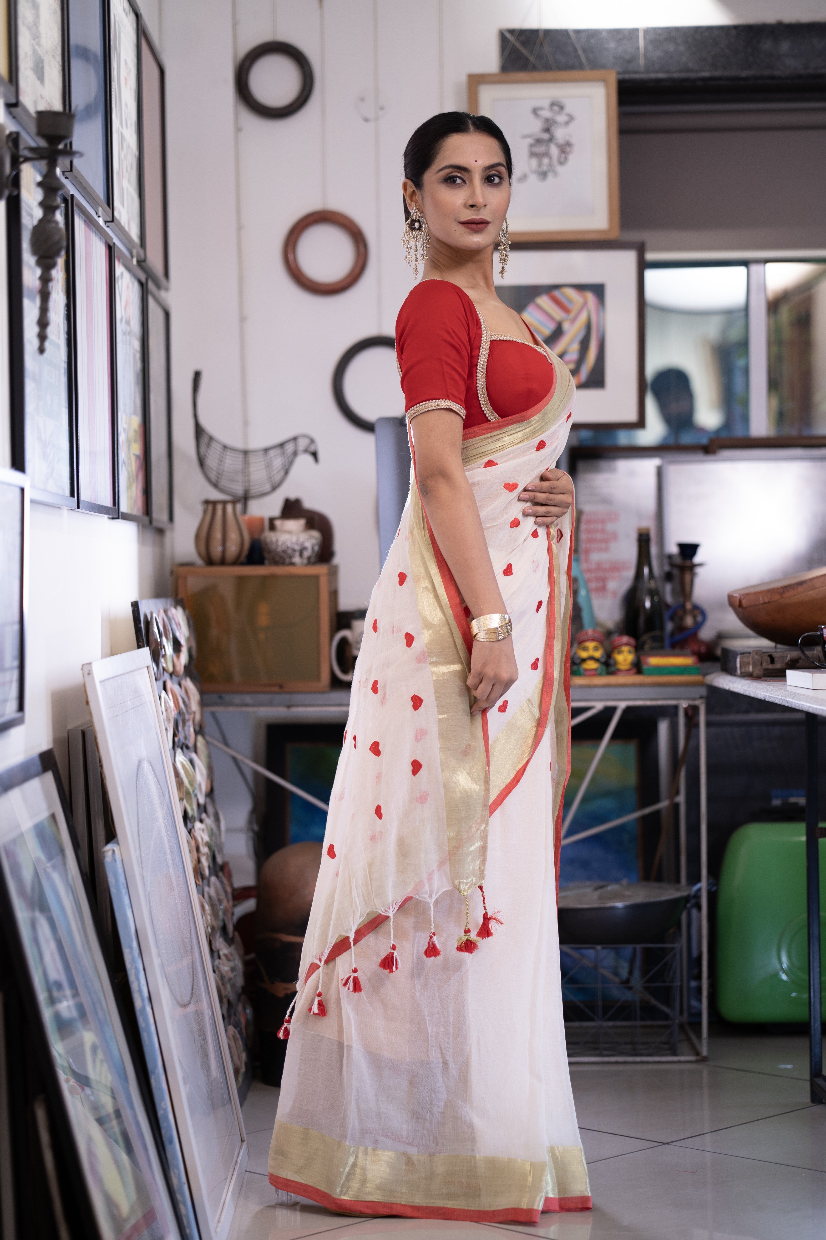 Cream Love embroidery Pure Mulmul Cotton Saree