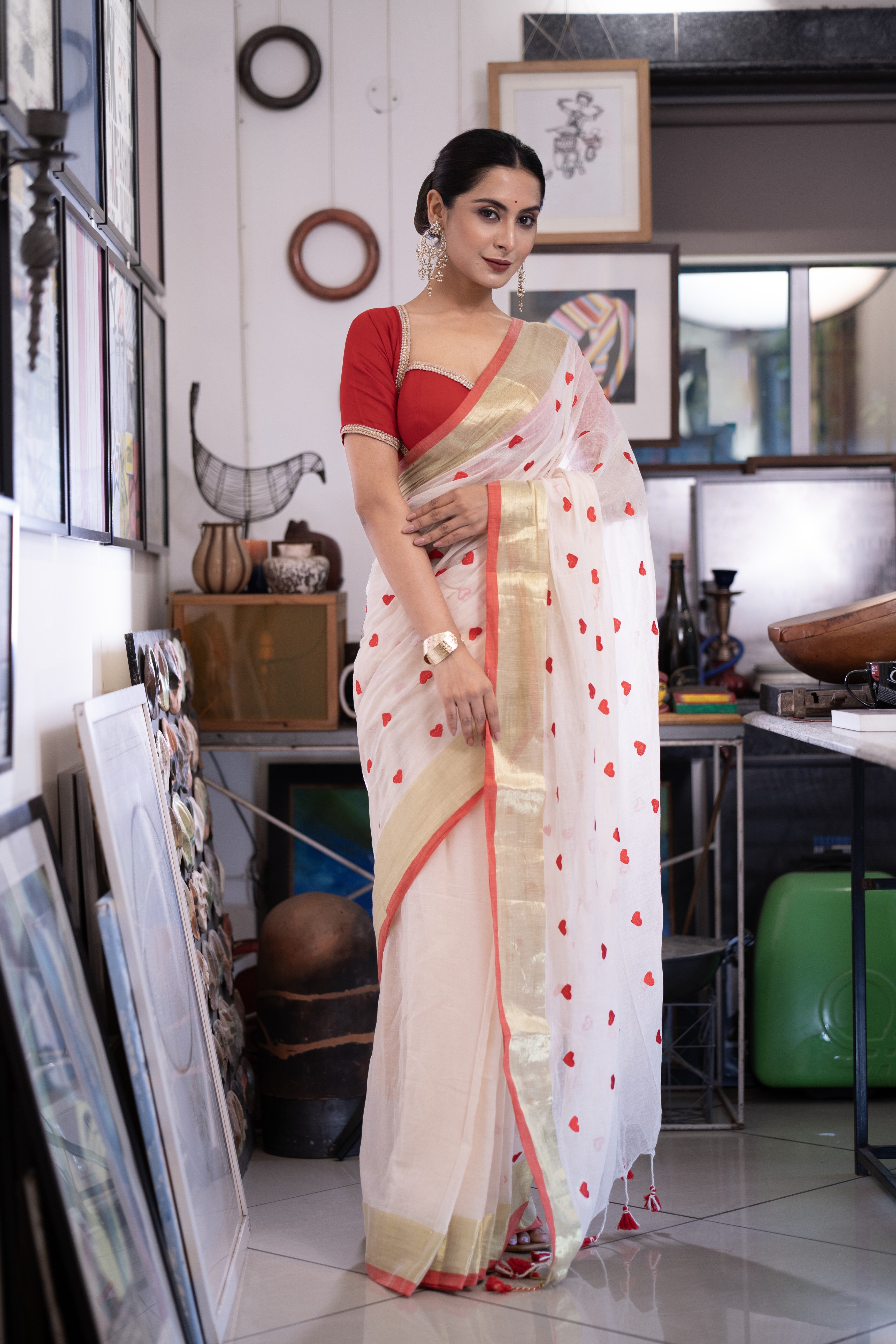 Cream Love embroidery Pure Mulmul Cotton Saree