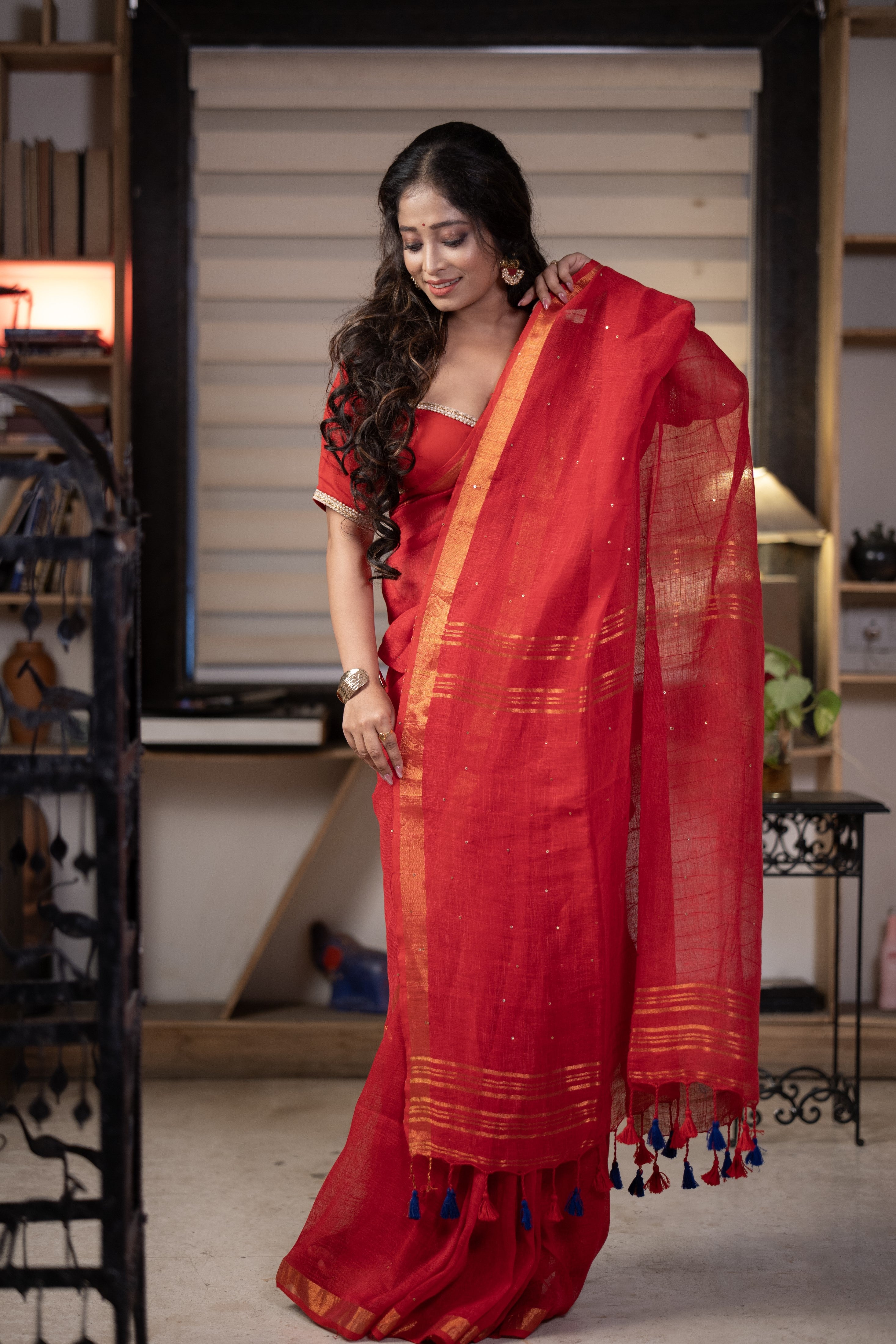 Red Sequence Work Linen Saree with golden zari border