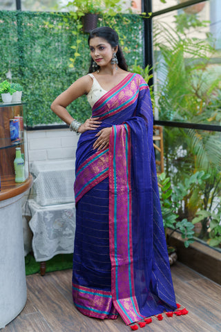 Royal blue golden zari stripes Blue Mulmul Cotton Saree with contrast Blouse Piece