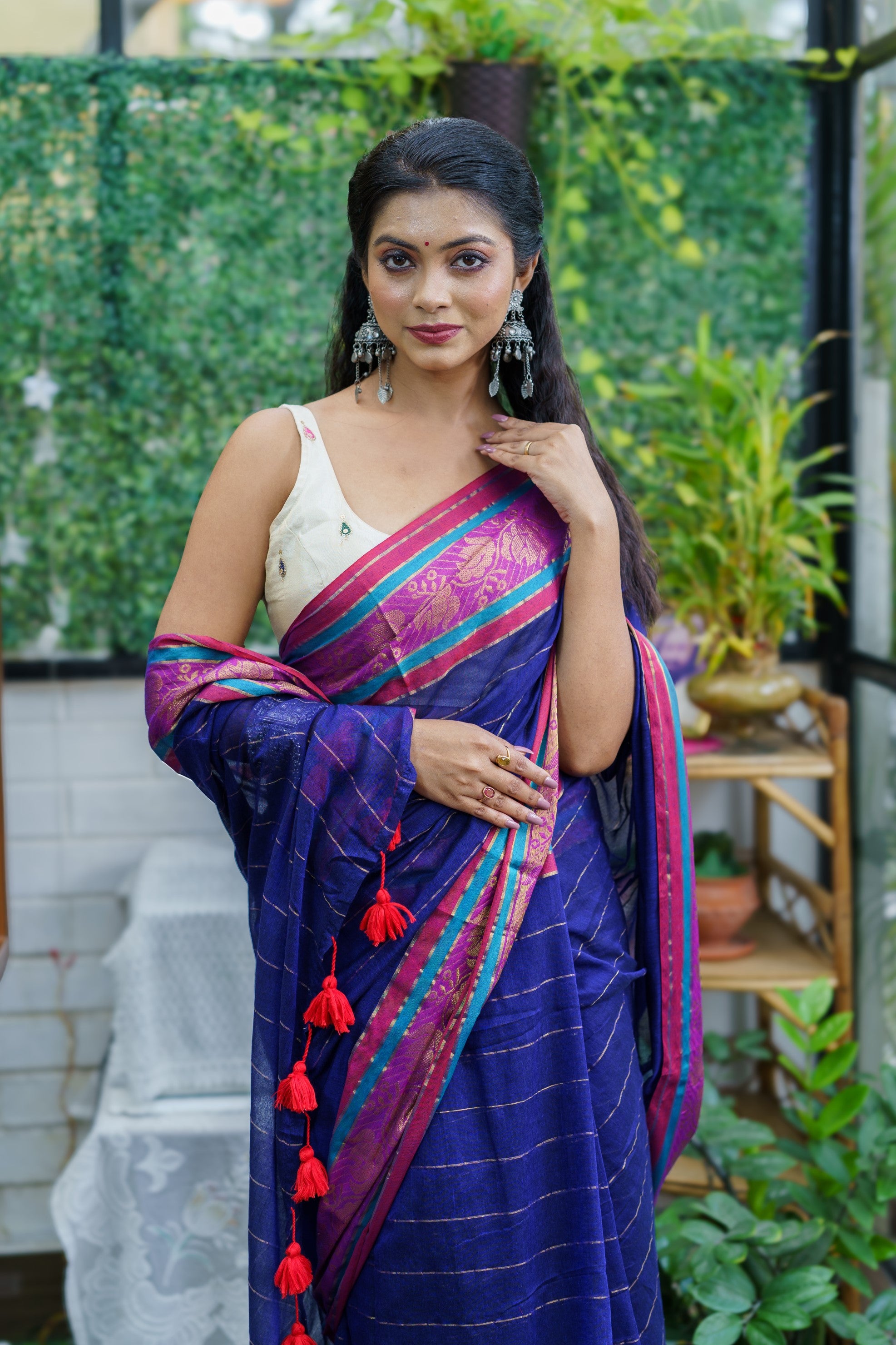 Royal blue golden zari stripes Blue Mulmul Cotton Saree with contrast Blouse Piece