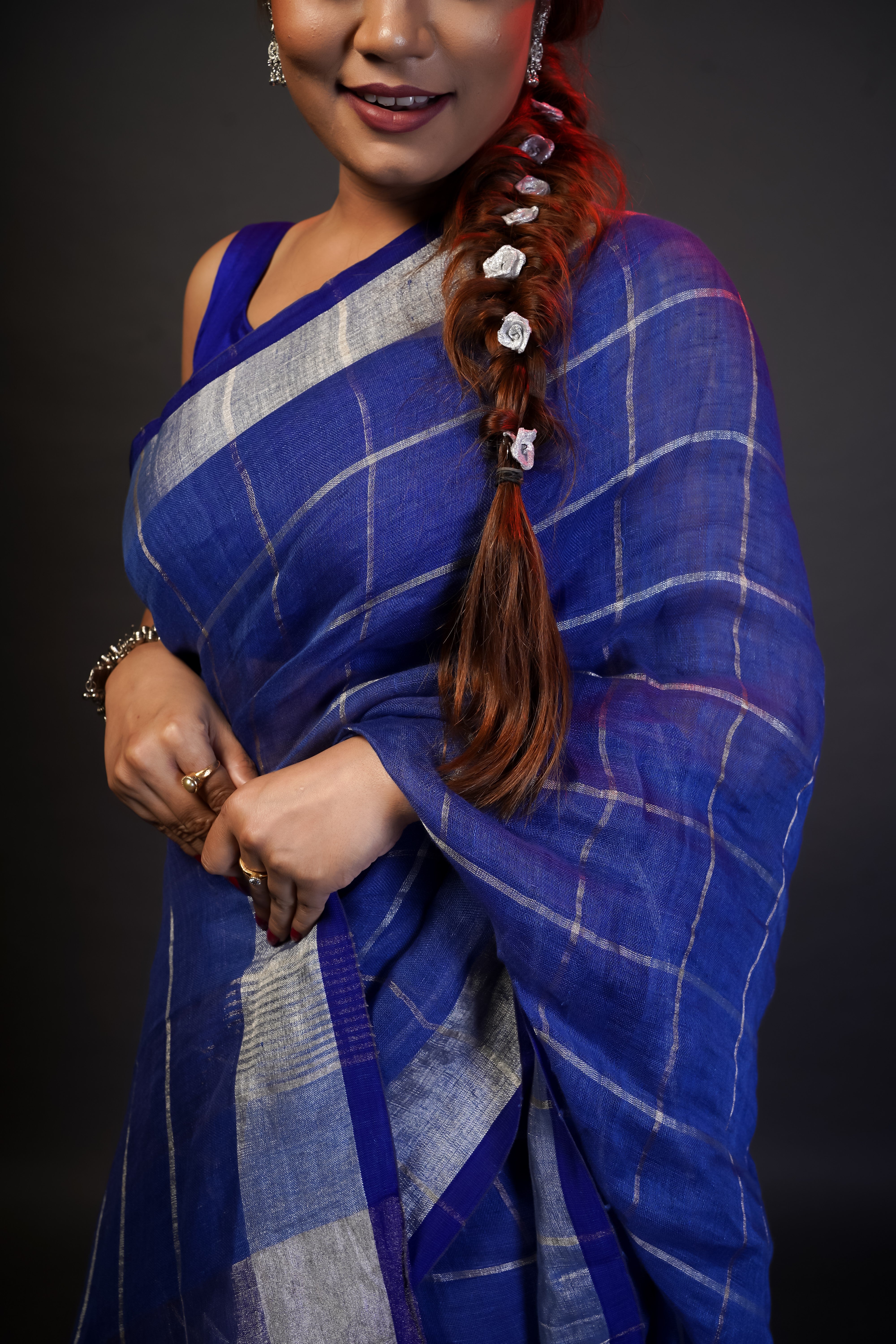 Blue All-Over silver zari Check linen Saree with blouse piece