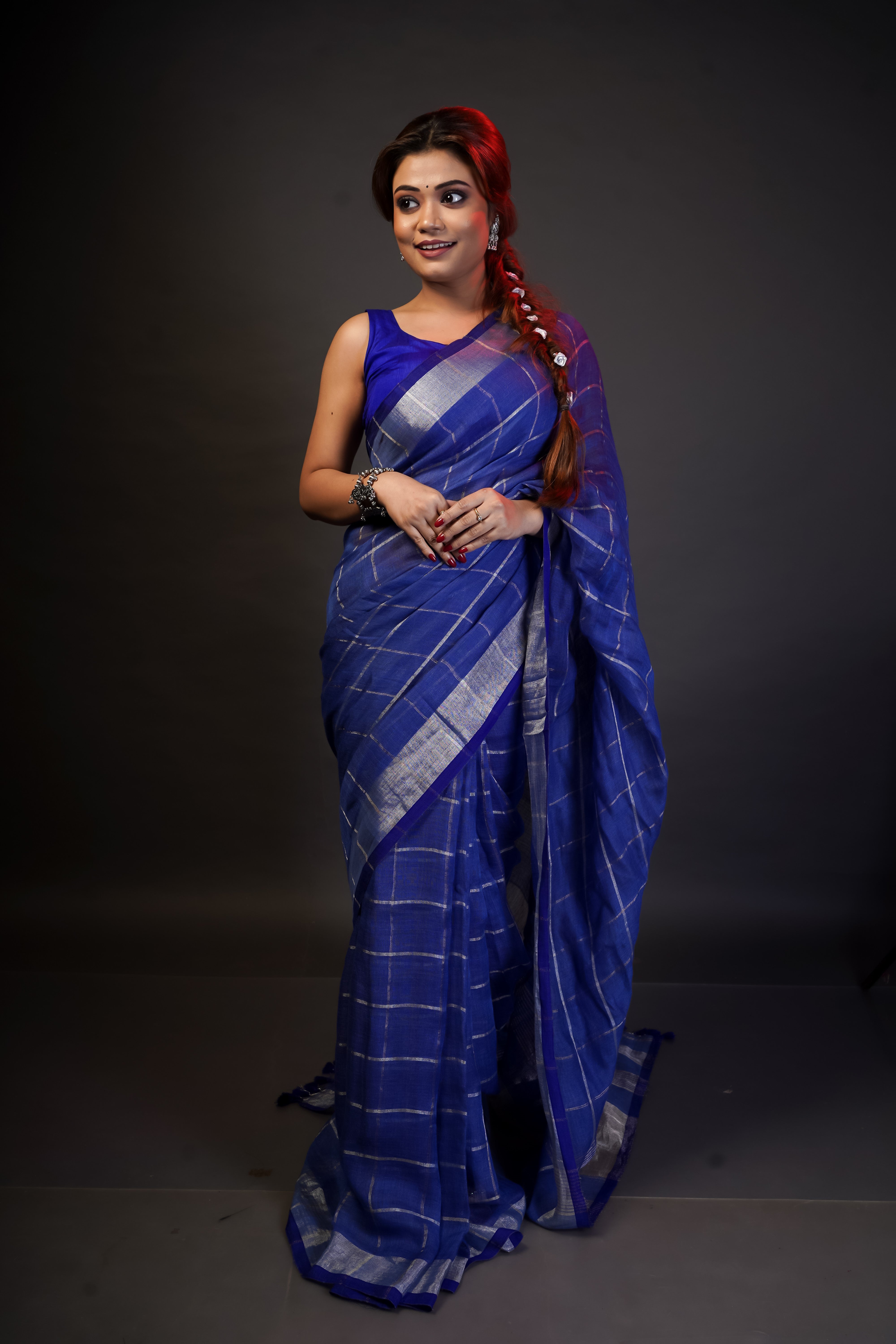 Blue All-Over silver zari Check linen Saree with blouse piece