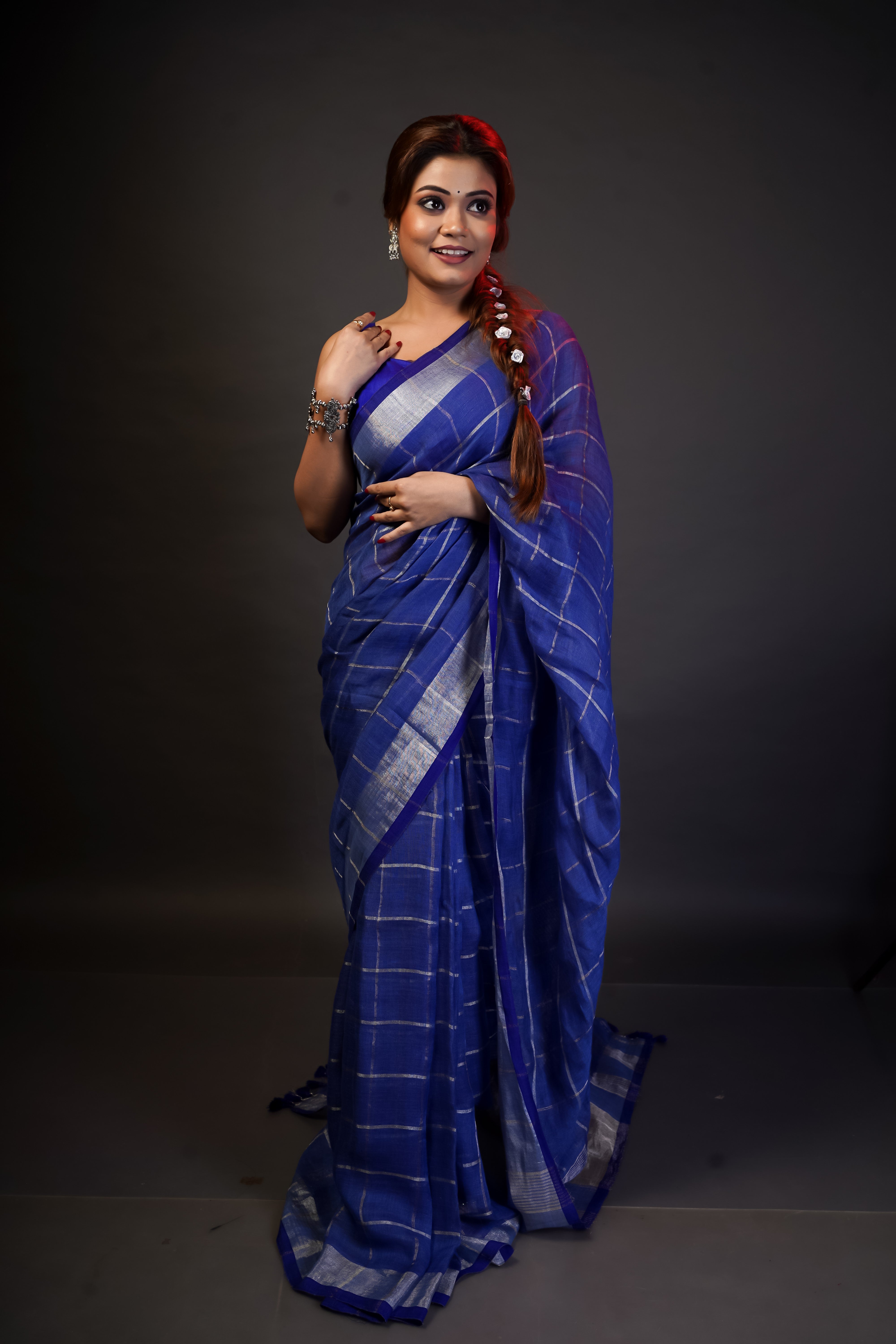 Blue All-Over silver zari Check linen Saree with blouse piece