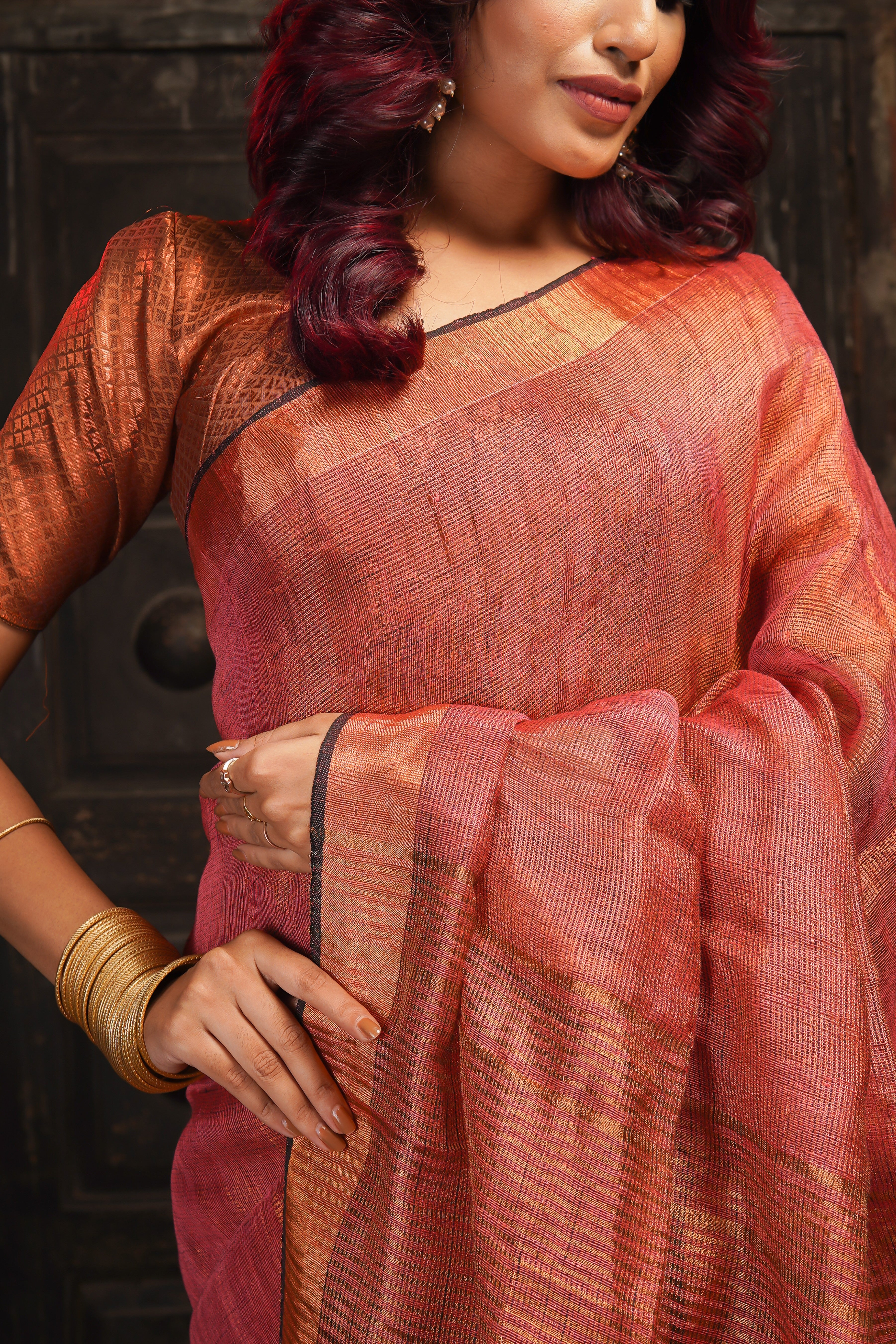 Rust Dual Tone Tissue Linen Saree