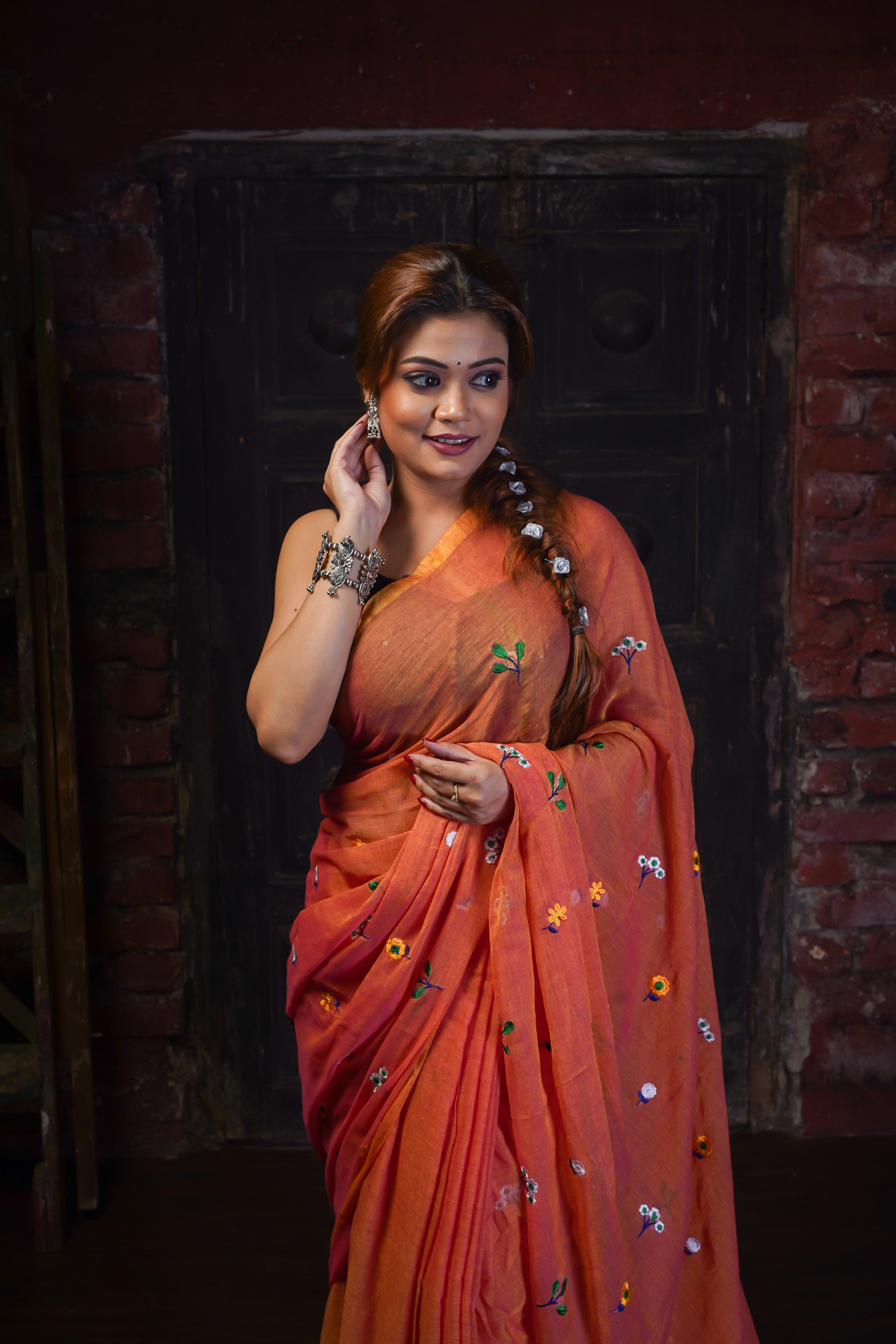 Rust Embroidered Mul Mul Cotton Saree