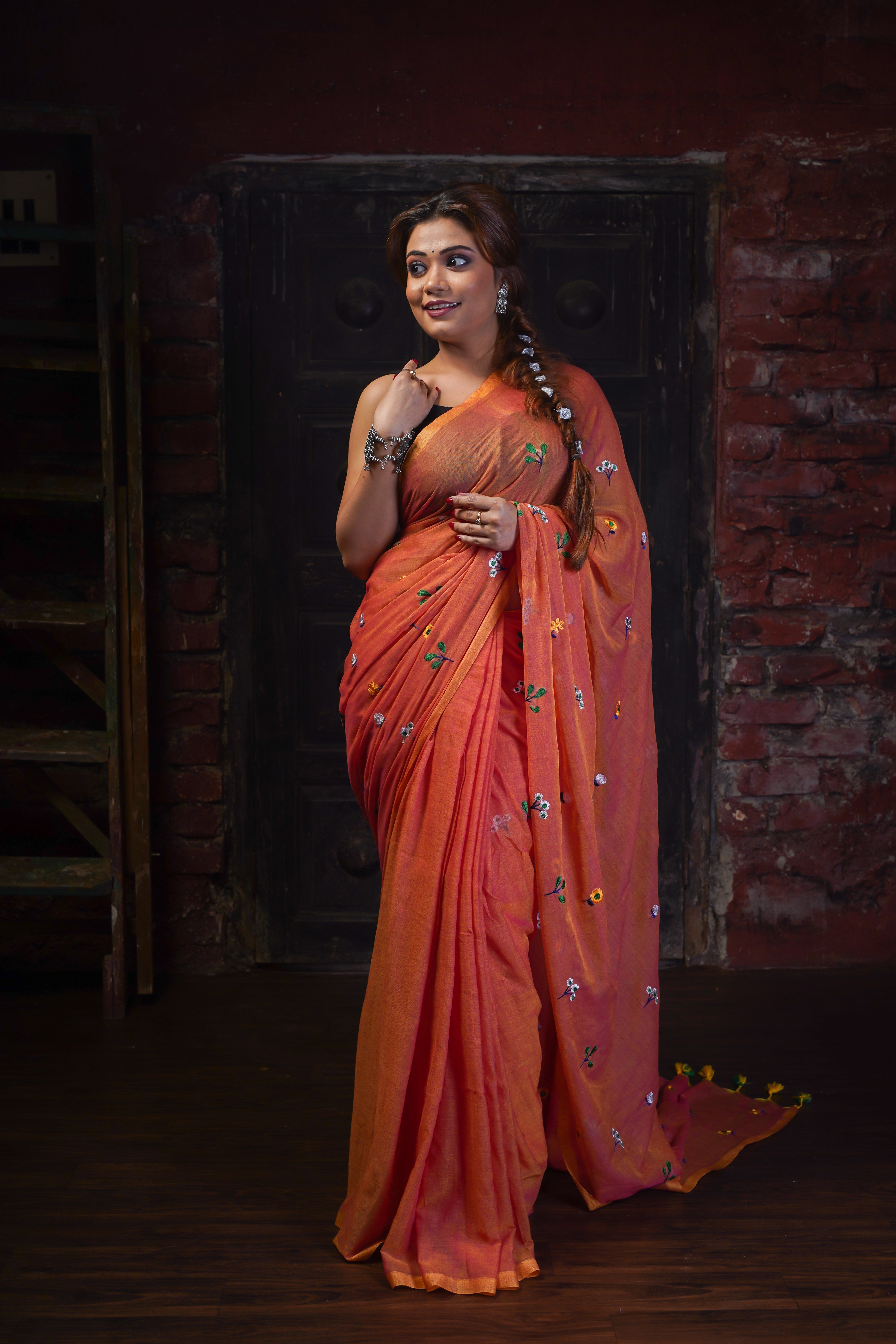 Rust Embroidered Mul Mul Cotton Saree