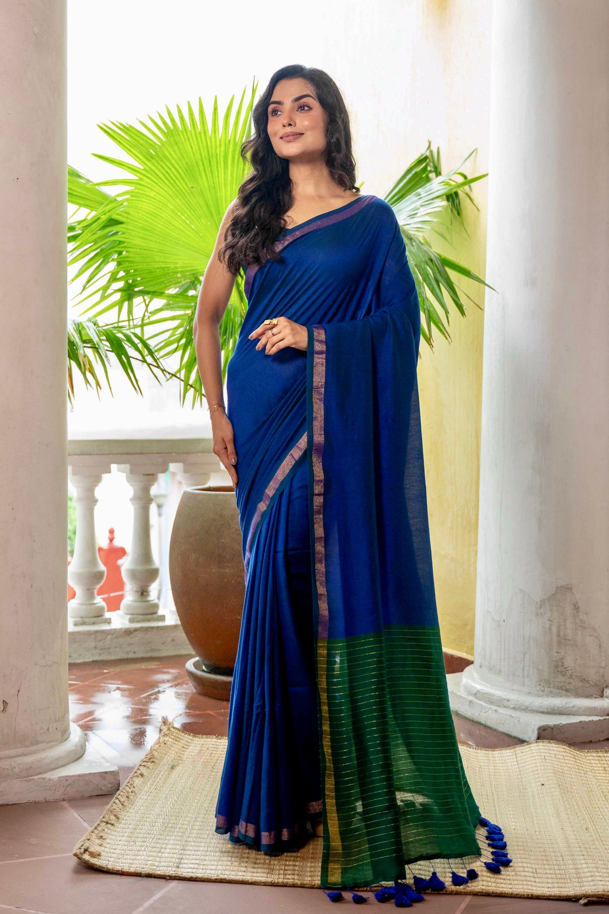 BLUE & GREEN MUL MODAL SAREE WITH Blouse piece