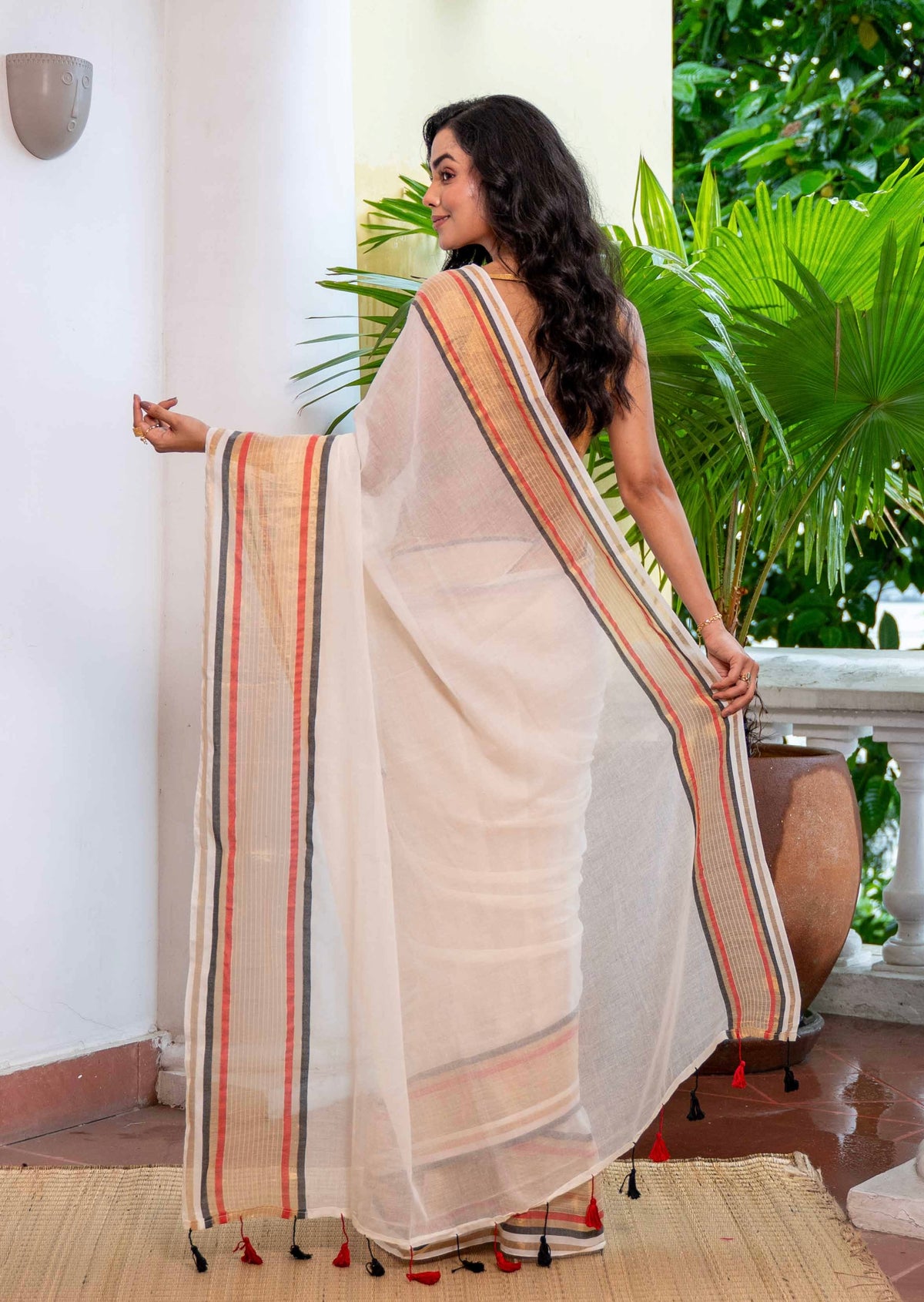White Kanchi border Mul Mul Cotton  Saree