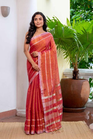 Strawberry Pink Dual Tone Handwoven Tissue Linen Saree with Blouse Piece