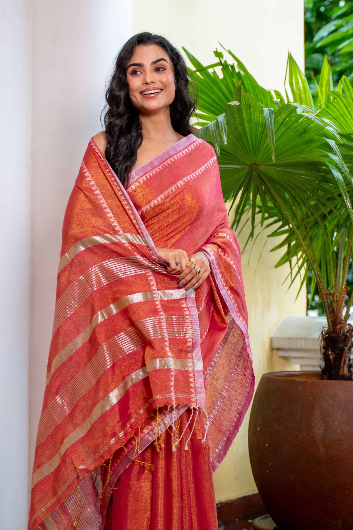 Strawberry Pink Dual Tone Handwoven Tissue Linen Saree with Blouse Piece