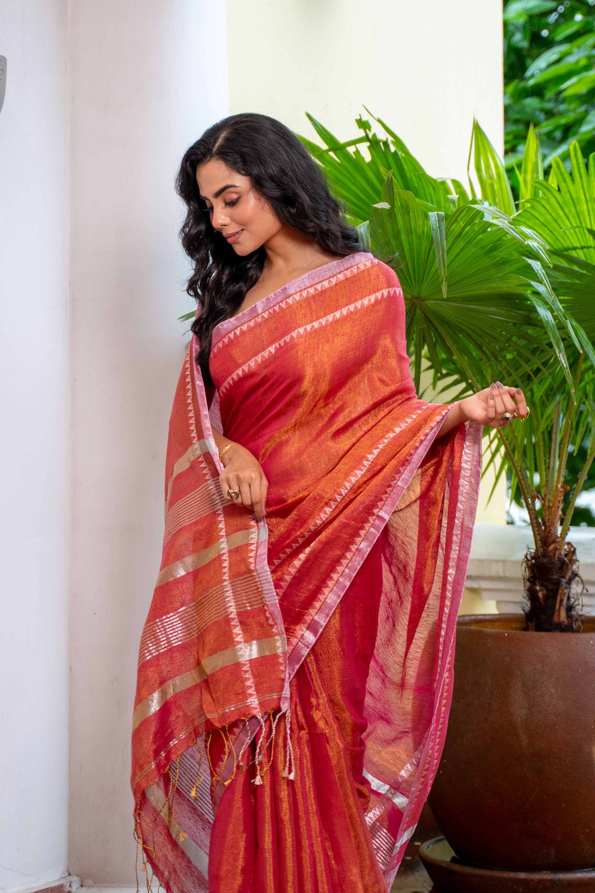 Strawberry Pink Dual Tone Handwoven Tissue Linen Saree with Blouse Piece