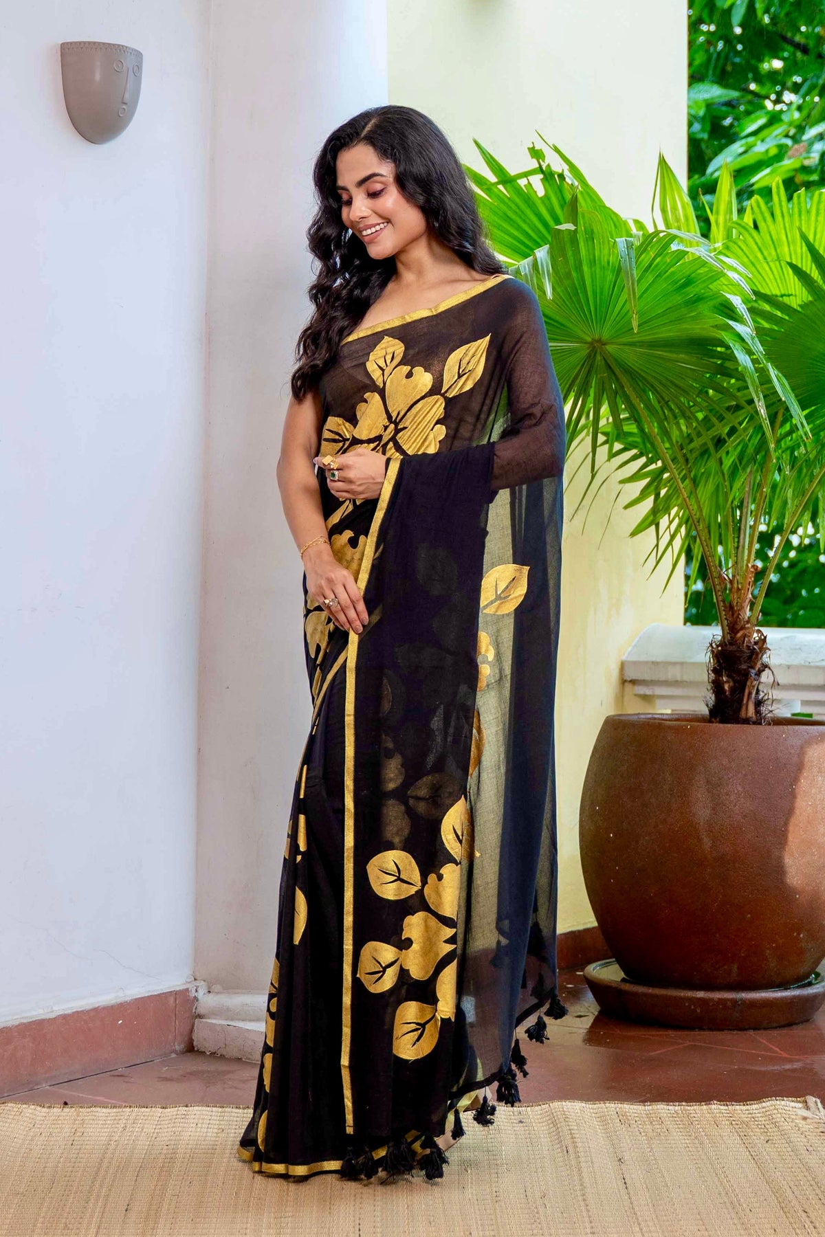 Premium Black Flower Gold Printed Mulmul Cotton Saree