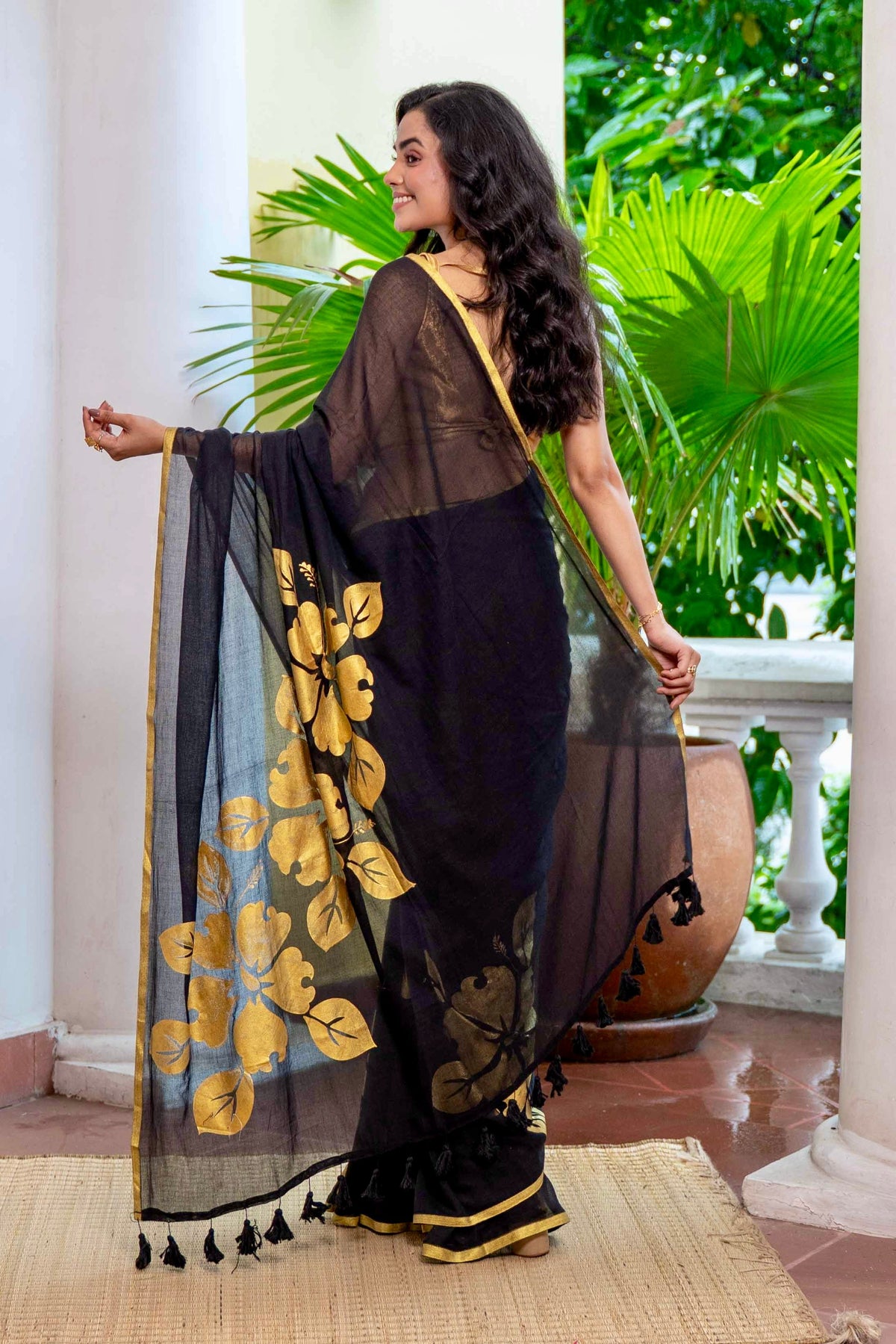 Premium Black Flower Gold Printed Mulmul Cotton Saree
