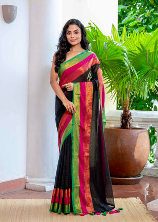 Black Mulmul Cotton Saree with Zari Border With Blouse Piece