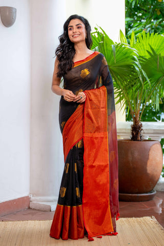 Black Hibiscus Gold Zari Thread Mulmul Cotton Saree with Blouse Piece