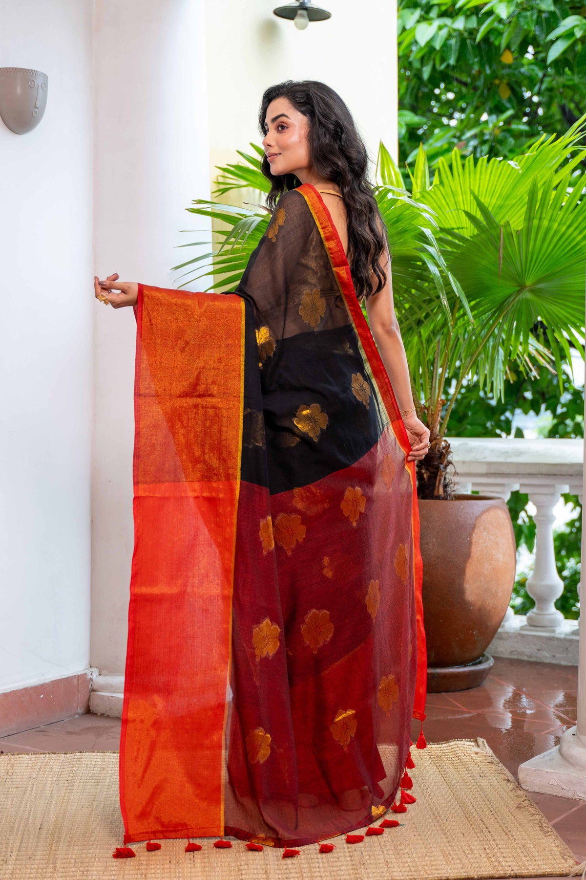Black Hibiscus Gold Zari Thread Mulmul Cotton Saree with Blouse Piece