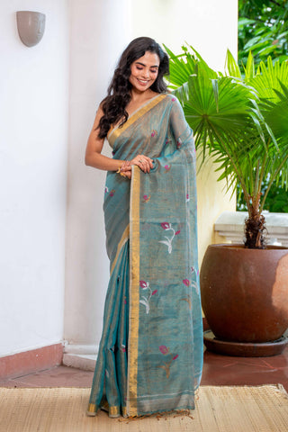 Baby Blue Dual Tone Handwoven Tissue Linen Saree with Tulip Motifs