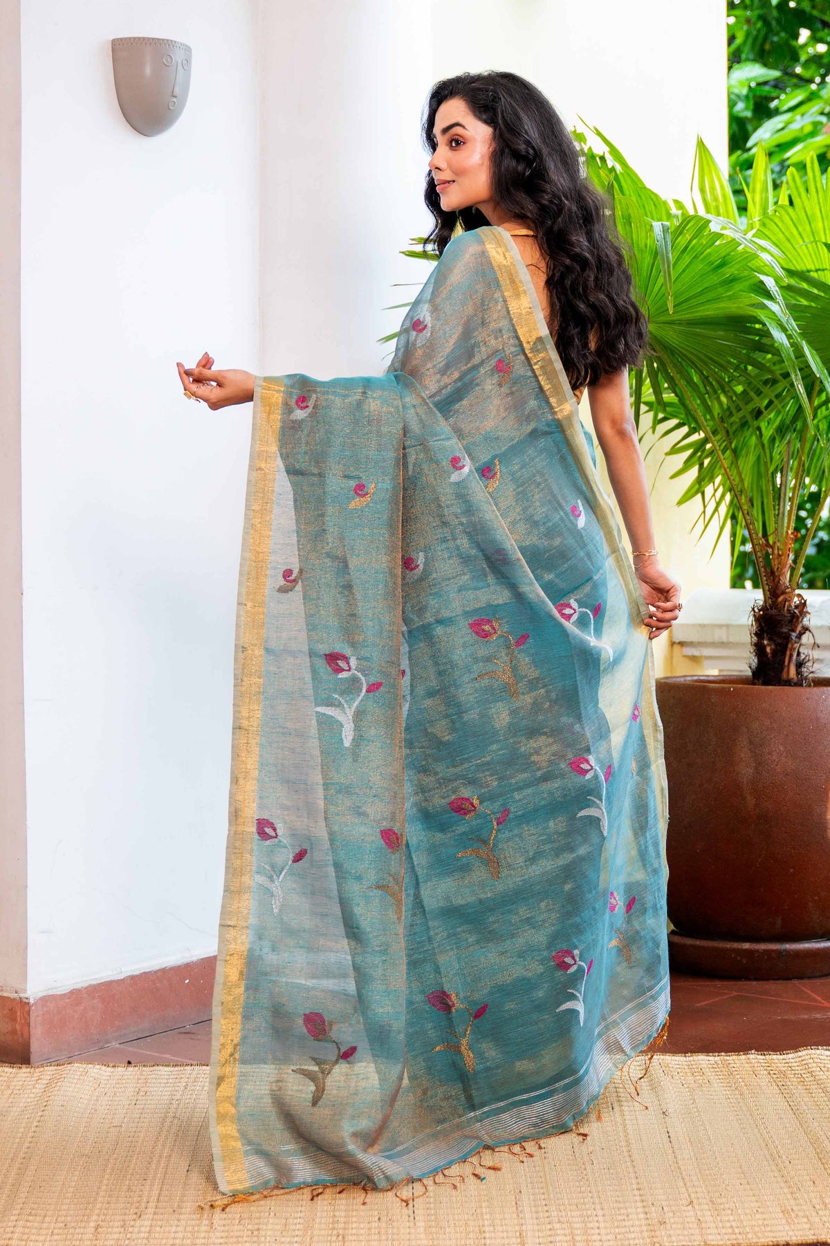 Baby Blue Dual Tone Handwoven Tissue Linen Saree with Tulip Motifs