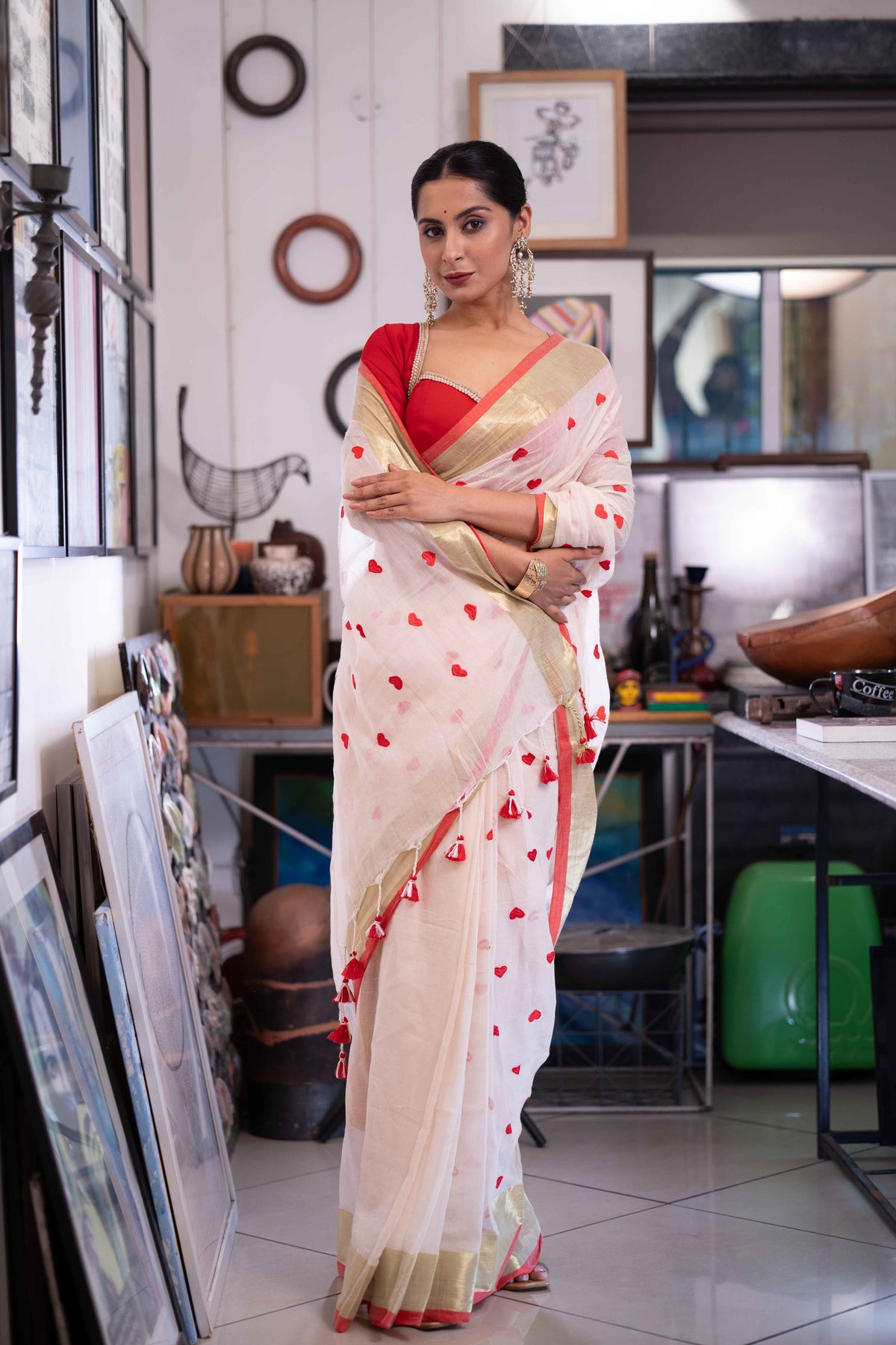 Off white Love embroidery Pure Mulmul Cotton Saree