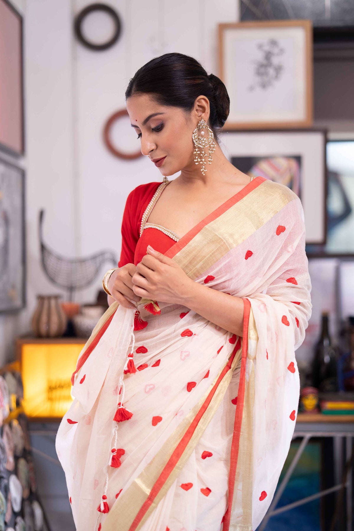 Off white Love embroidery Pure Mulmul Cotton Saree
