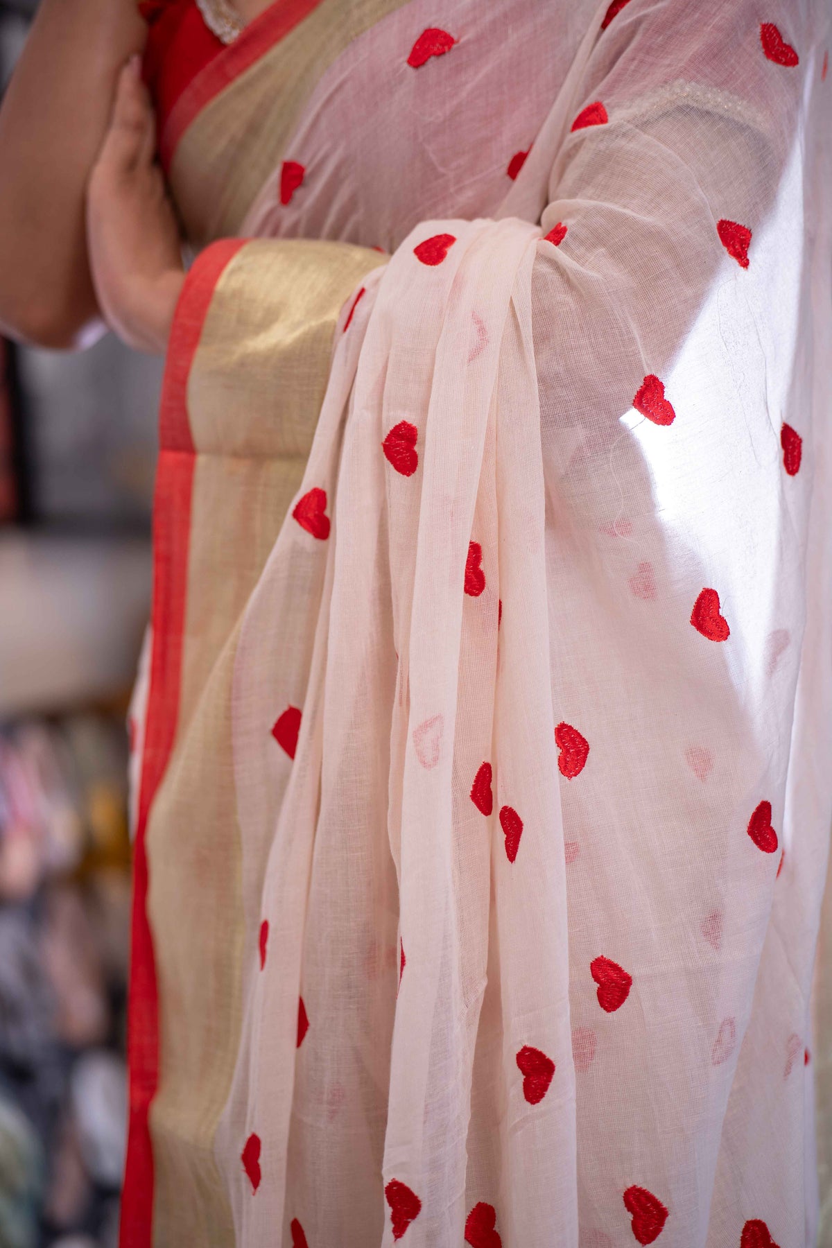 Off white Love embroidery Pure Mulmul Cotton Saree