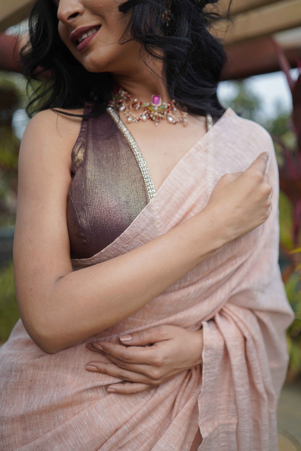 Bare Beige Dual Tone Pure Tissue linen Saree with blouse piece