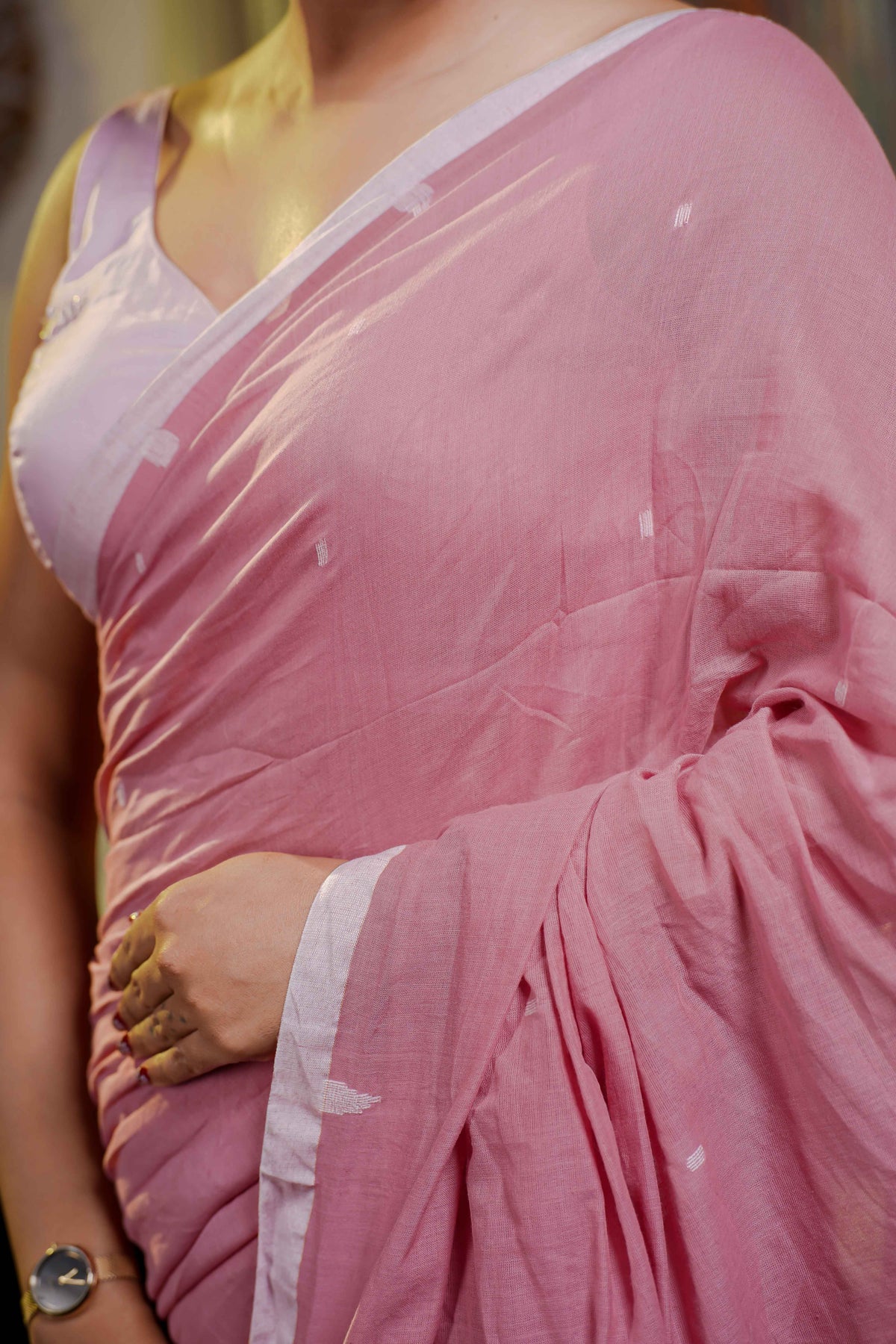 Hand Weaving Mulmul Cotton Saree- Pink & White