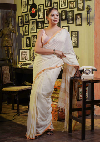 Hand Weaving Mulmul Cotton Saree- White Wood
