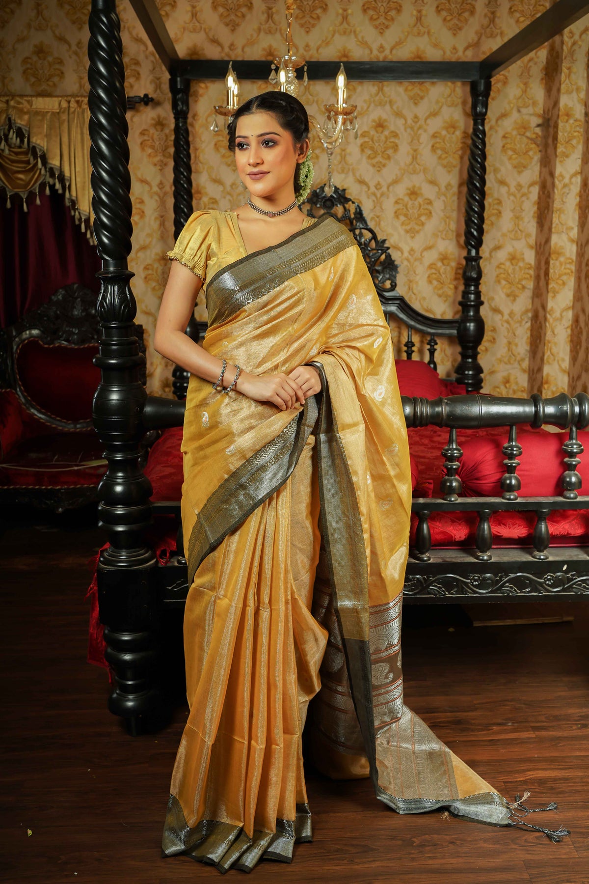 Metallic dualtone Gold Pure Tissue Linen Handwoven Jamdani Saree with blouse piece