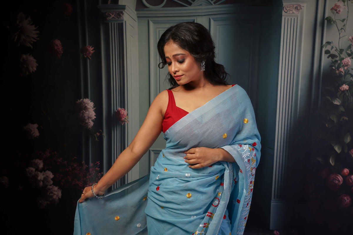Sky blue pure soft cotton embroidered saree