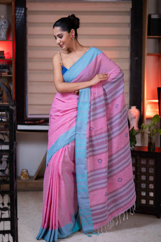 Pink Assam Cotton Handweaving Saree with blouse piece