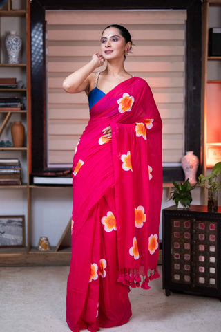 Rani Hand-Printed Floral Mulmul Cotton Saree