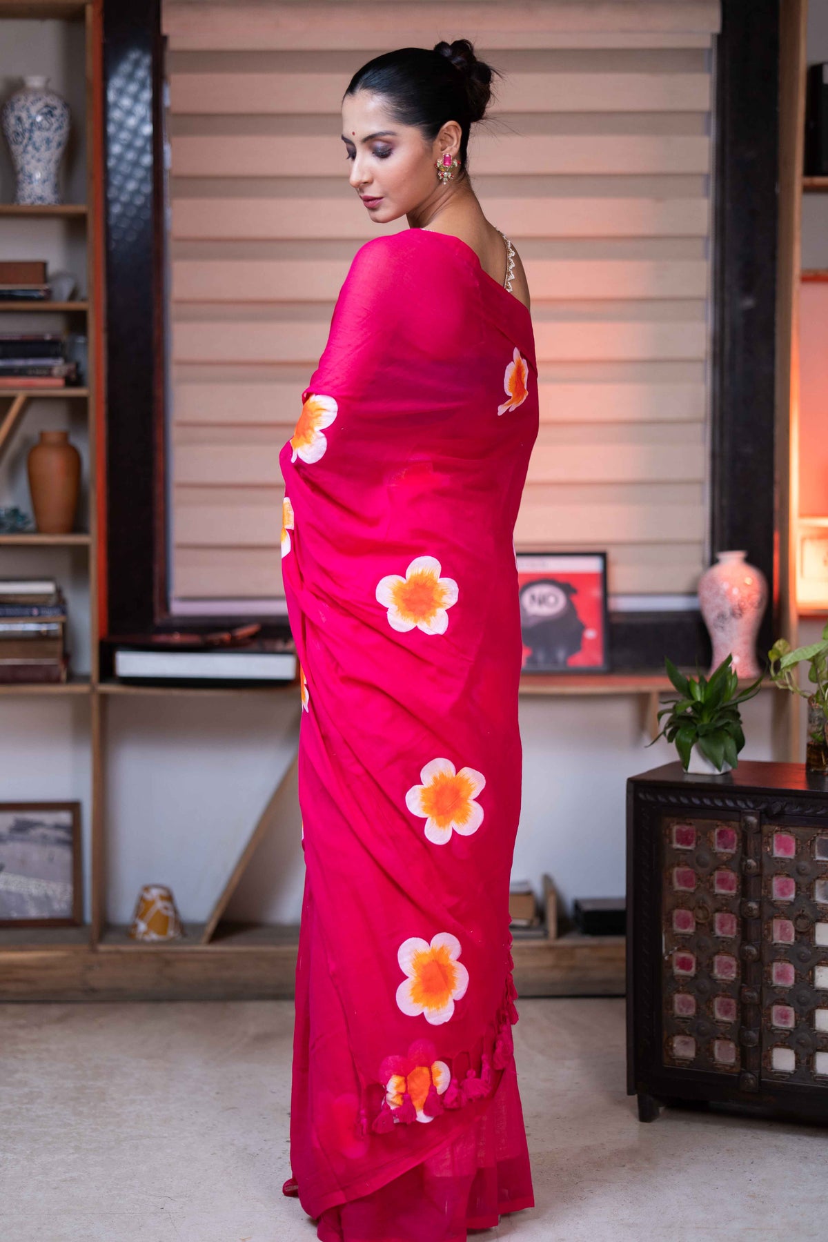 Rani Hand-Printed Floral Mulmul Cotton Saree